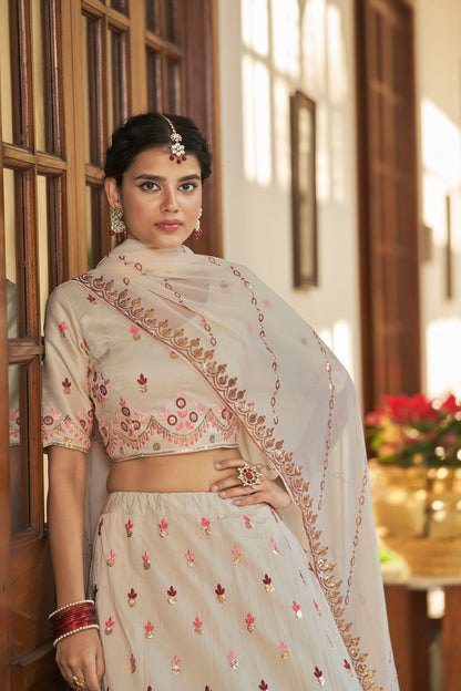 White Art Silk Lehenga Choli For Indian Festivals & Weddings - Sequence Embroidery Work, Thread Work