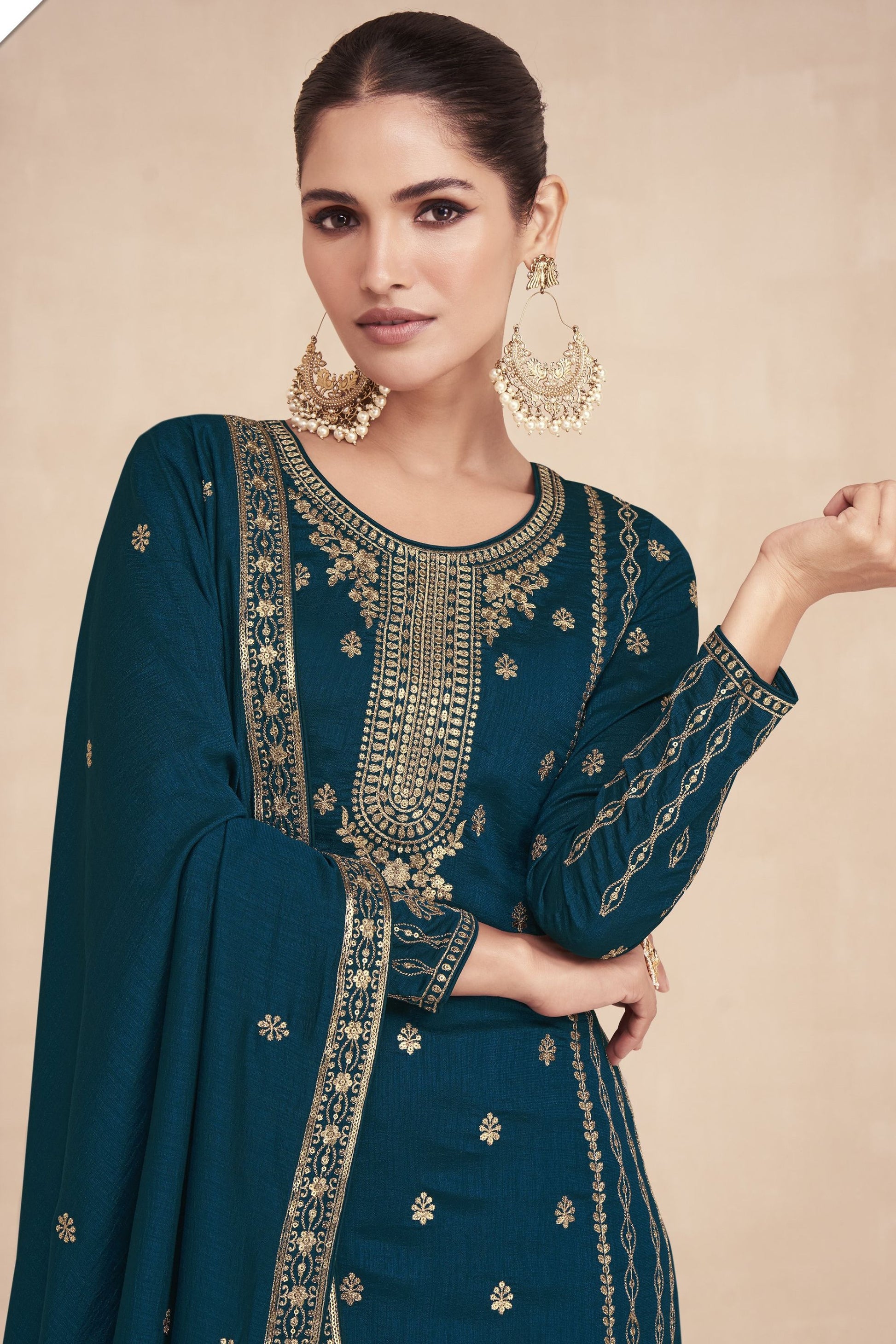 Teal Silk Plazo Kameez Suit For Indian Wedding & Pakitani Festival - Embroidery Work