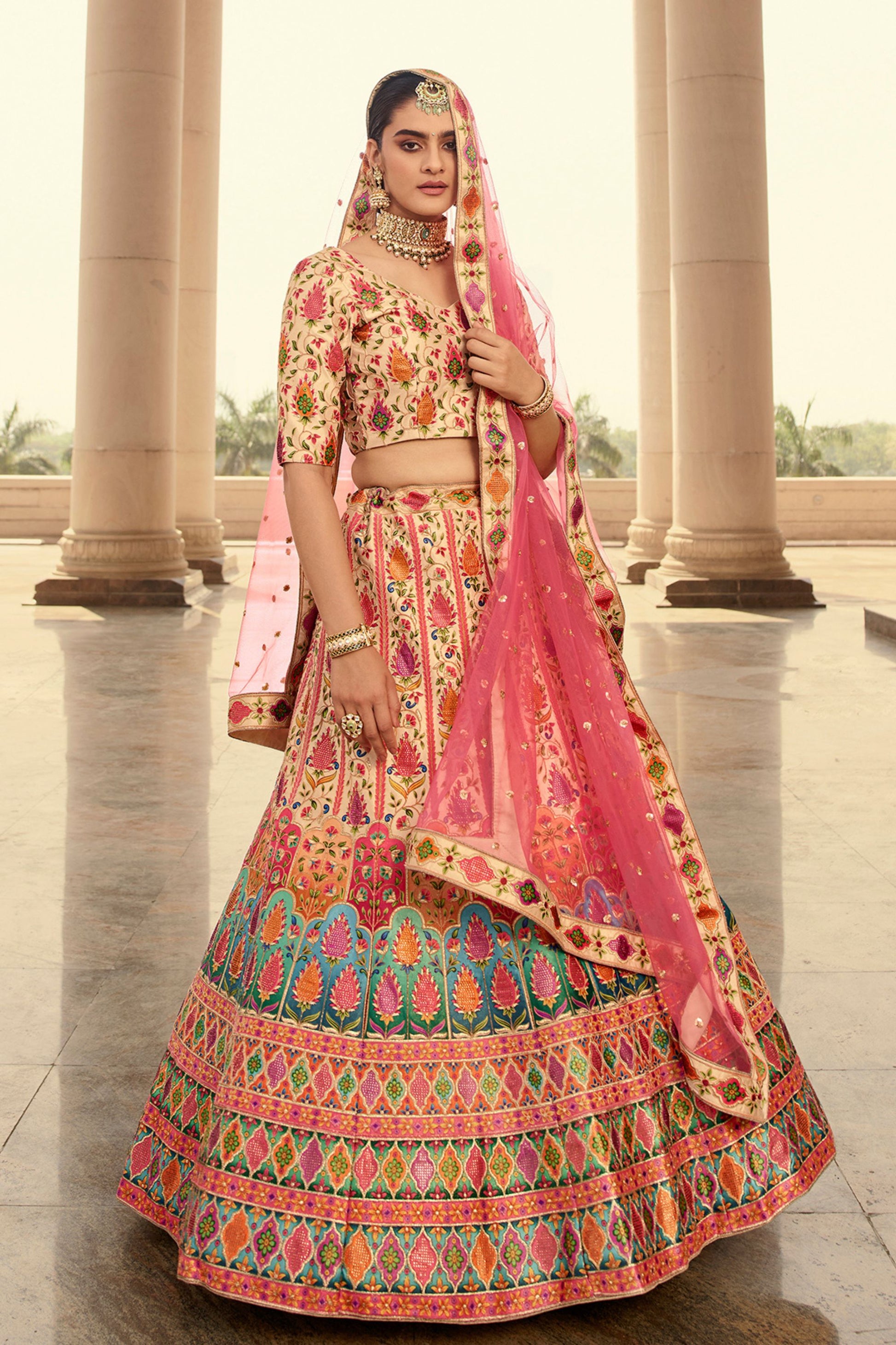 Beige Art Silk Lehenga Choli For Indian Weddings & Festivals - Thread Work, Swarovski Work, Print Work