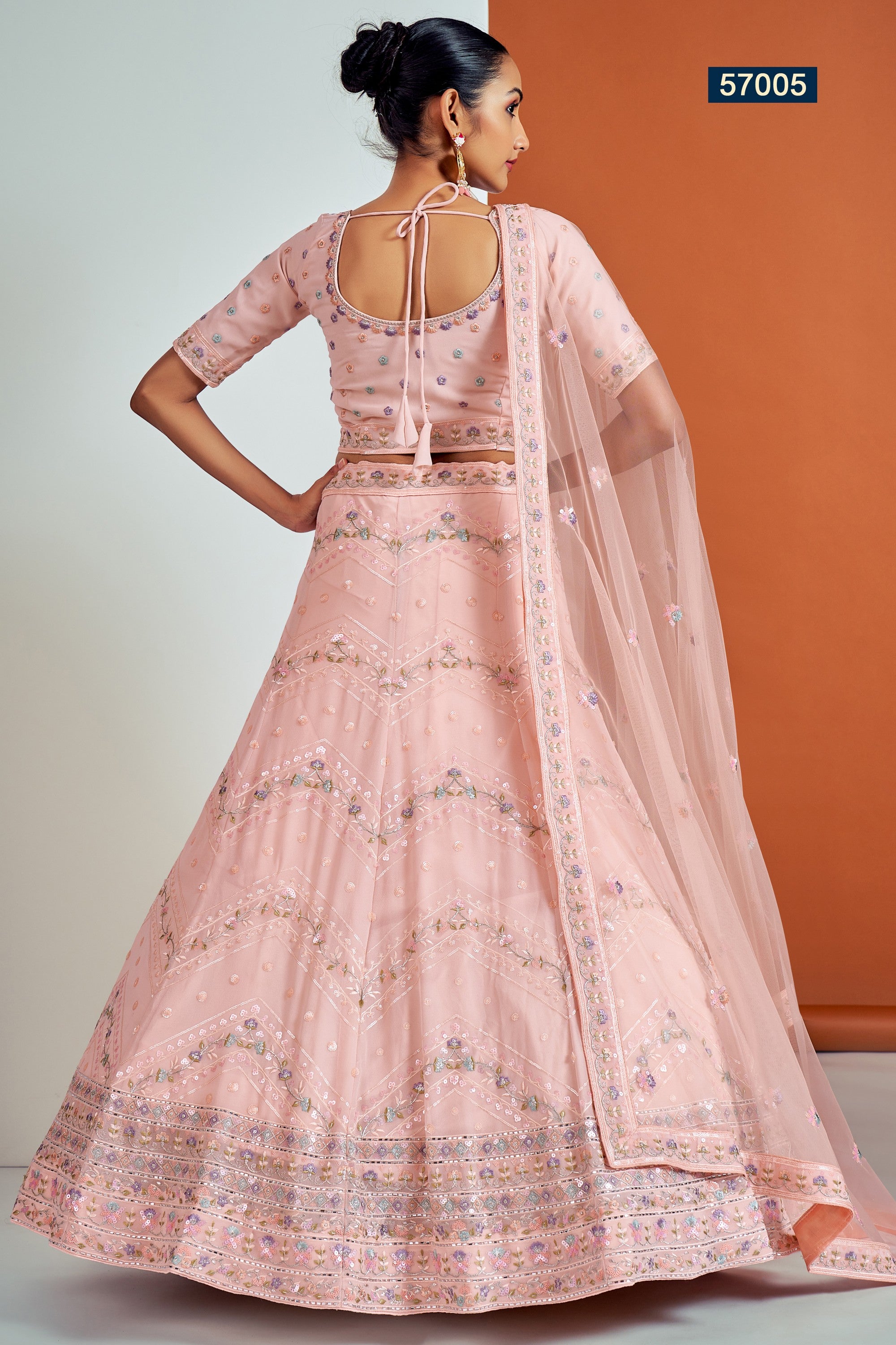 Peach Pakistani Georgette Lehenga Choli For Indian Festivals & Weddings - Sequence Embroidery Work, Thread Embroidery Work, Zari Work
