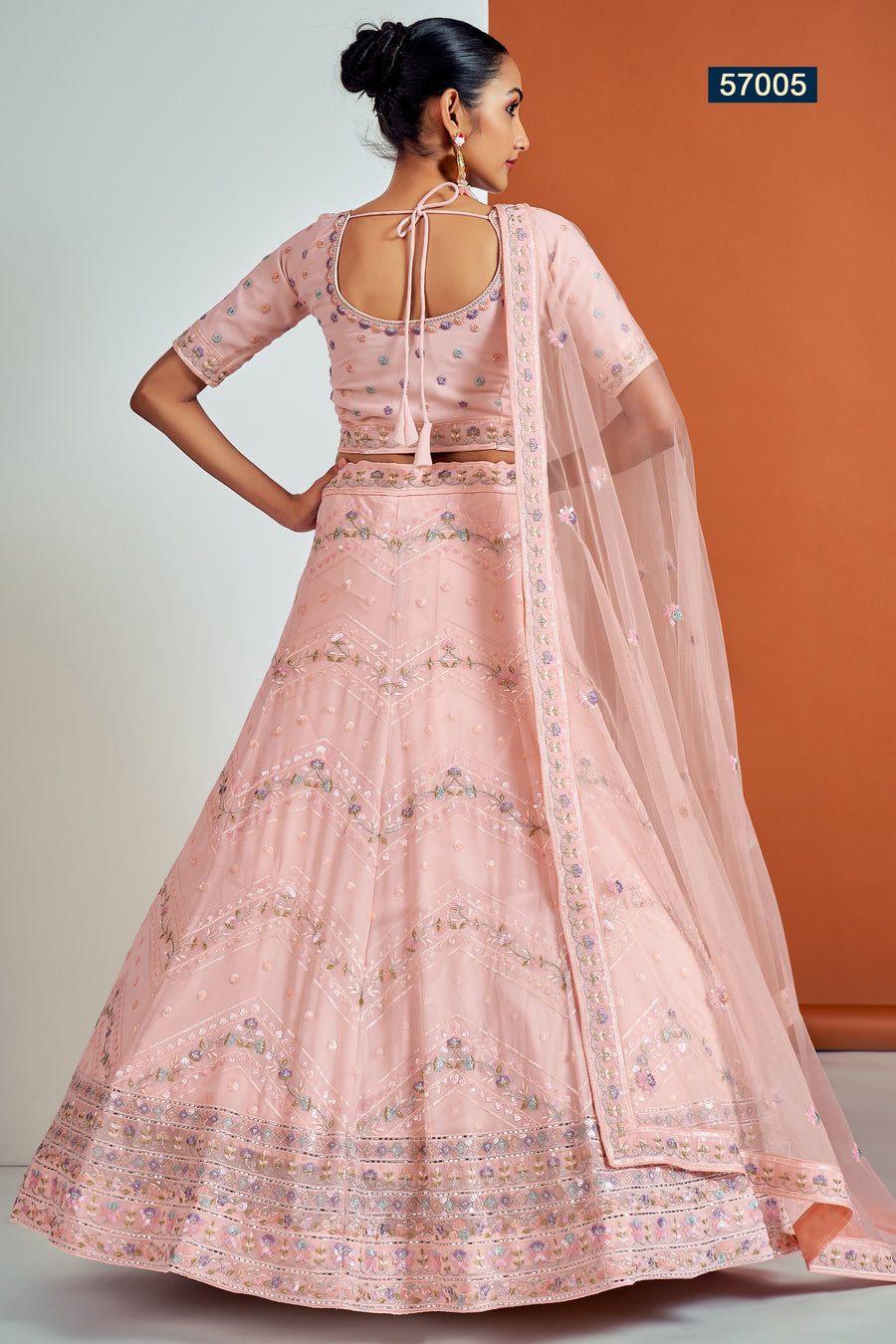 Peach Pakistani Georgette Lehenga Choli For Indian Festivals & Weddings - Sequence Embroidery Work, Thread Embroidery Work, Zari Work