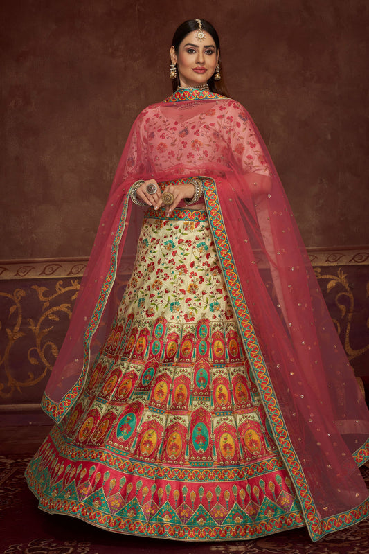 Beige Art Silk Lehenga Choli For Indian Weddings & Festivals - Thread Work, Print Work
