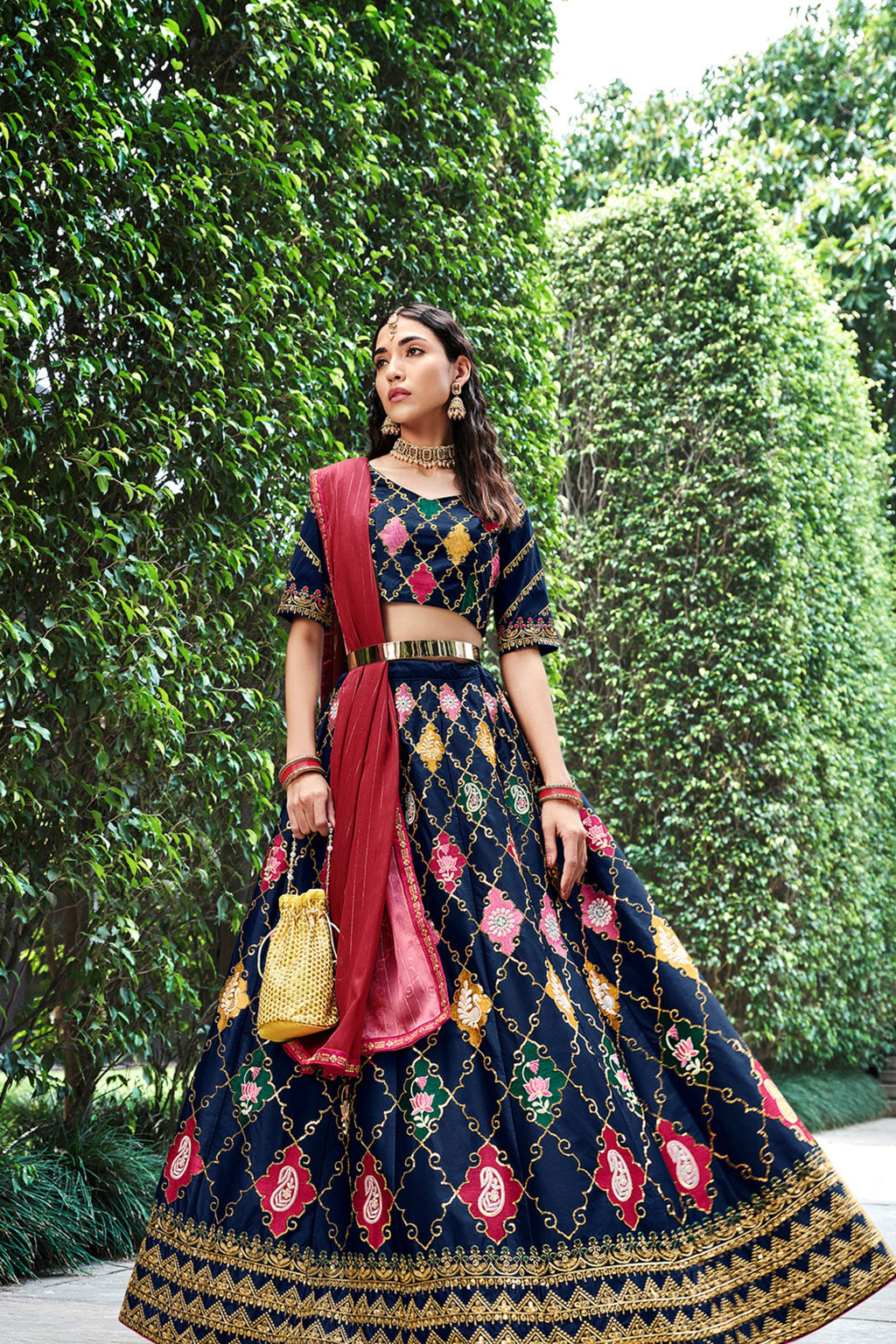 Navy Blue Silk Lehenga Choli For Indian Festivals & Weddings - Sequence Embroidery Work, Thread Work