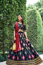 Navy Blue Silk Lehenga Choli For Indian Festivals & Weddings - Sequence Embroidery Work, Thread Work