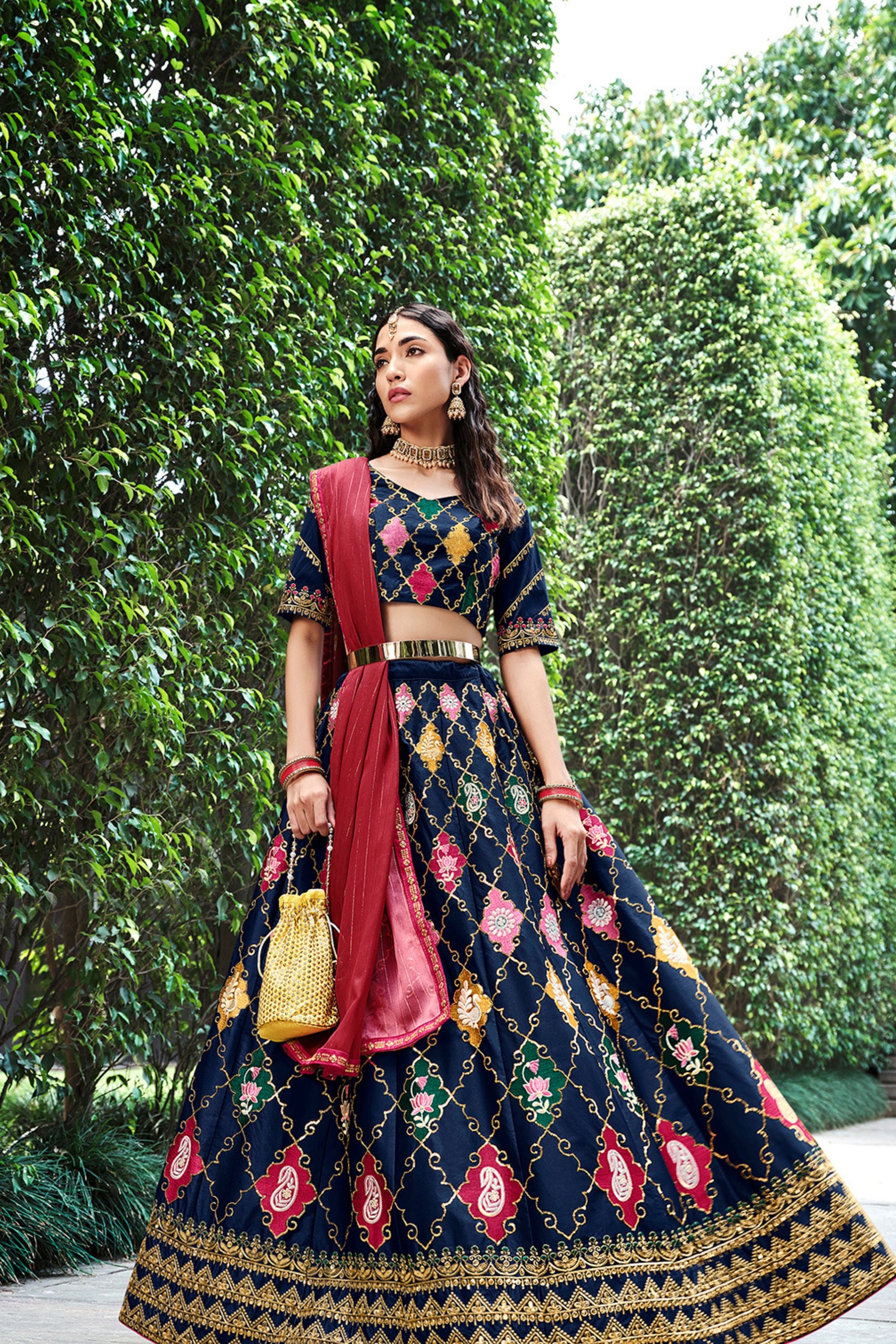 Navy Blue Silk Lehenga Choli For Indian Festivals & Weddings - Sequence Embroidery Work, Thread Work
