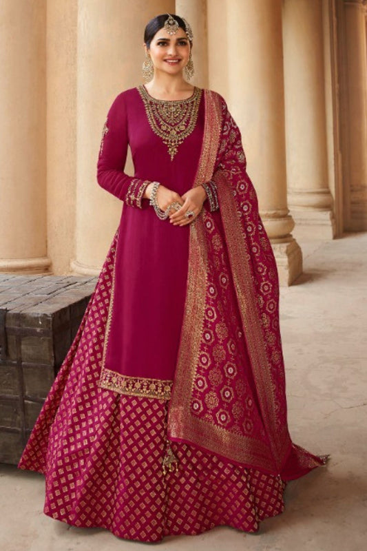 Red Georgette Silk Plus Size Upto 11XL Size Kameez and Skirt Suit For Indian Wedding & Festival - Embroidery Work