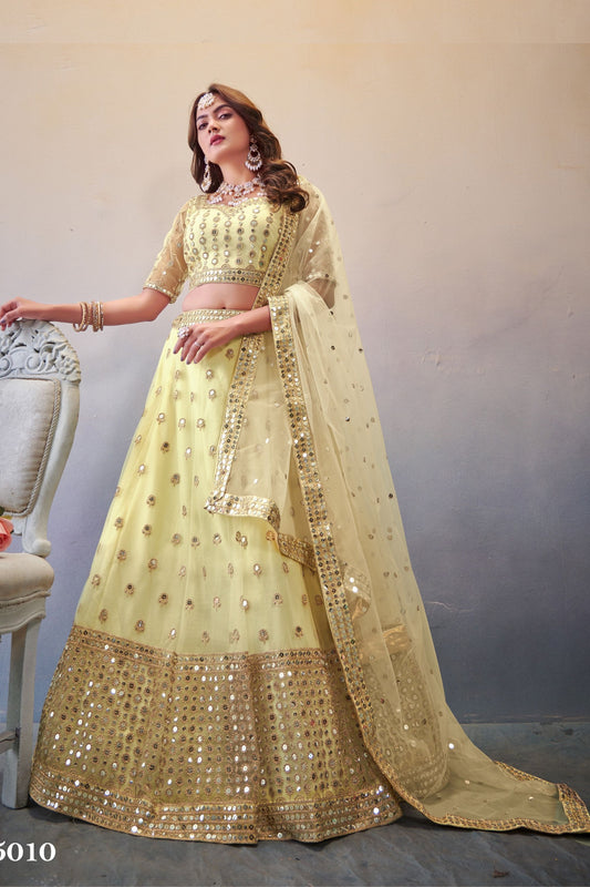 Light Cream Net Lehenga Choli For Indian Festivals & Wedding - Sequence Embroidery Work