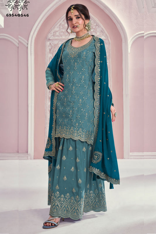 Teal Chinon Silk Palazzo Suit For Indian Festival & Pakistani Plazo Wedding Dress - Embroidery Work