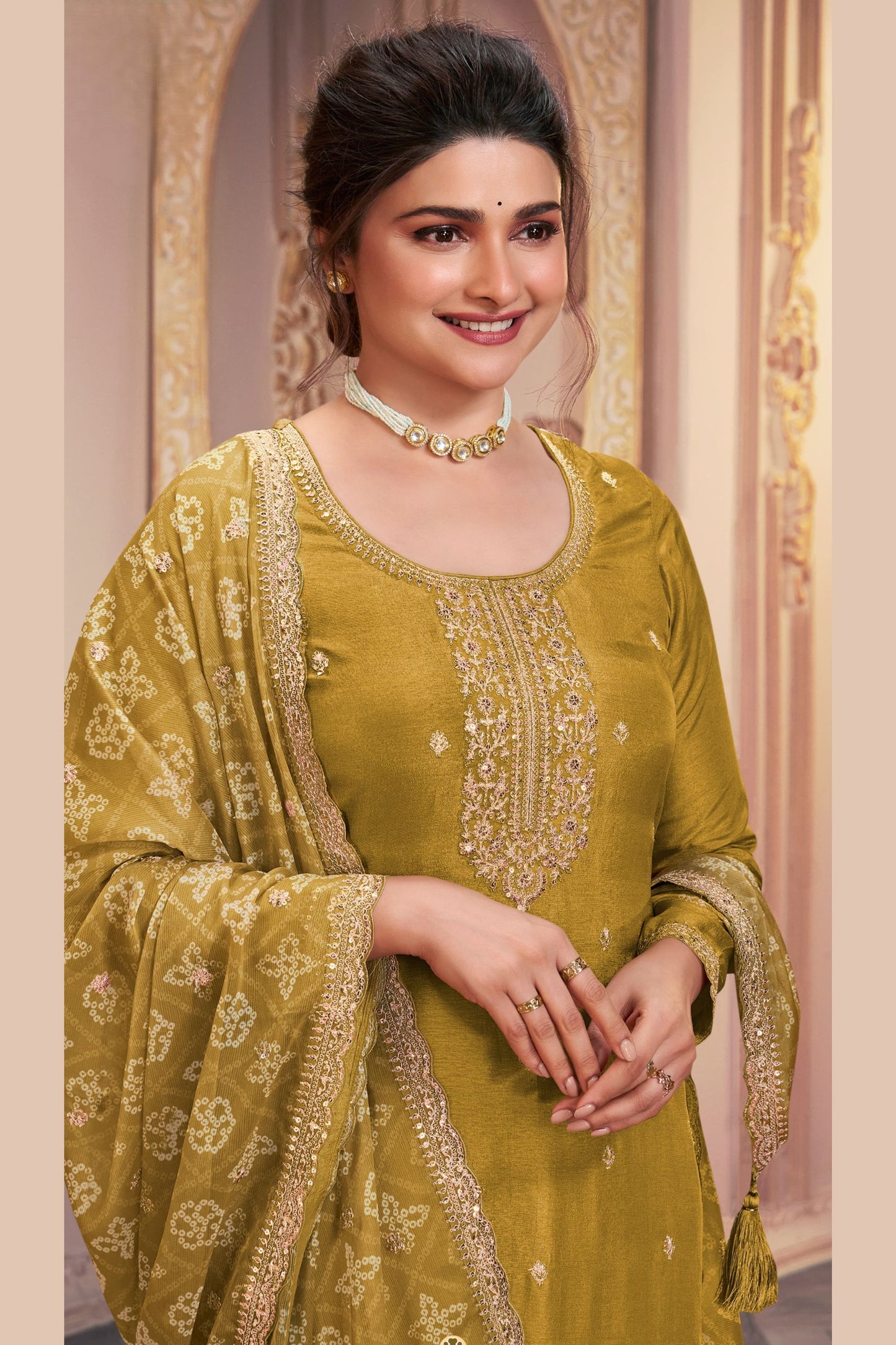 Dark Yellow Georgette Silk Kameez with Pant For Indian Suit Festivals & Pakistani Weddings - Embroidery Work