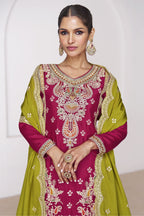 Pink Chinon Silk Palazzo Suit For Indian Weddings & Pakitani Festival - Embroidery Work