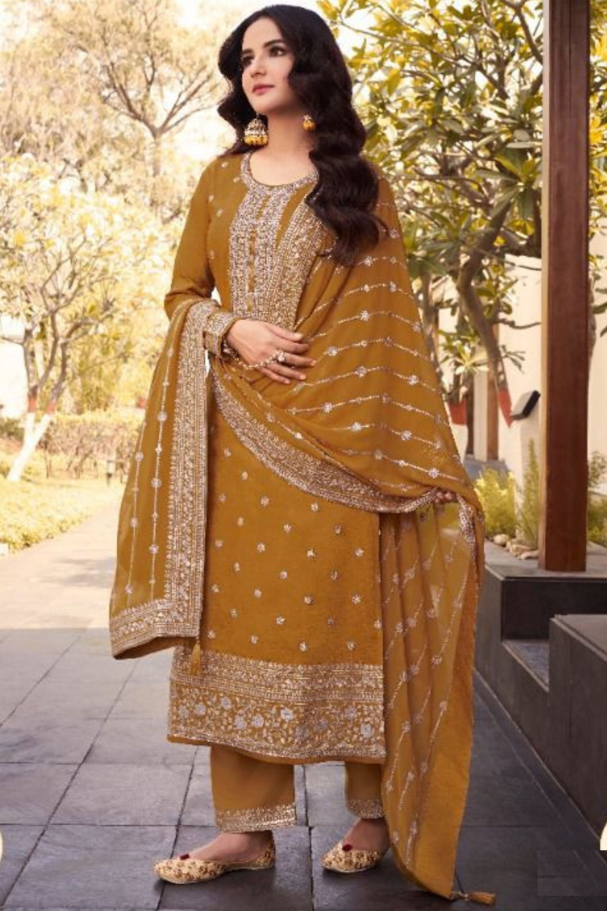 Dark Yellow Dola Silk Kameez With Plazzo For Indian Suit Festivals & Pakistani Weddings Dress - Embroidery Work