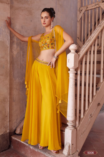 Yellow Georgette Sharara Choli For Indian Festivals & Weddings - Thread Embroidery Work, Hand Embellishment, Mirror Work