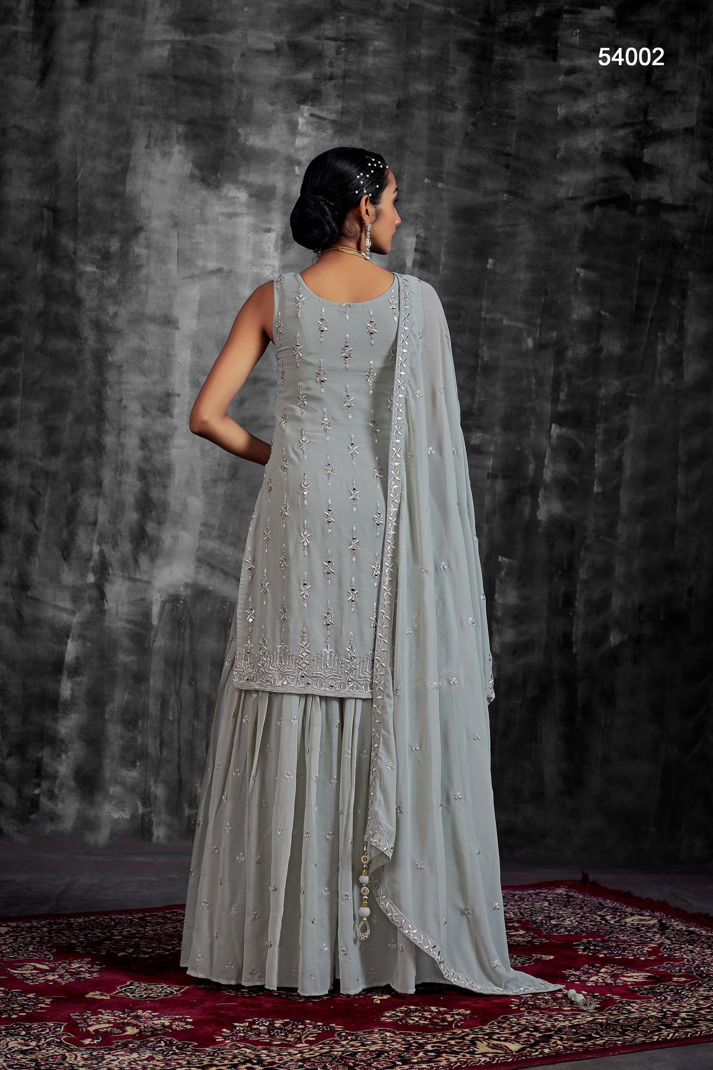 Gray Pakistani Georgette Sharara For Indian Festivals & Weddings - Thread Embroidery Work, Mirror Work, Zari Work, Zarkan Work