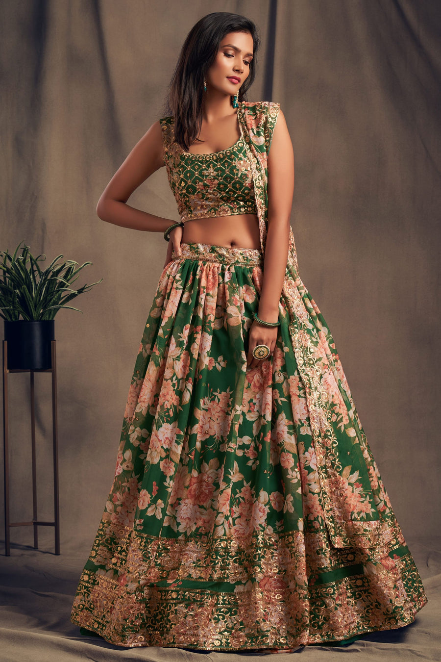 Green Organza Lehenga Choli For Indian Festival & Weddings - Embroidery Work, Print Work