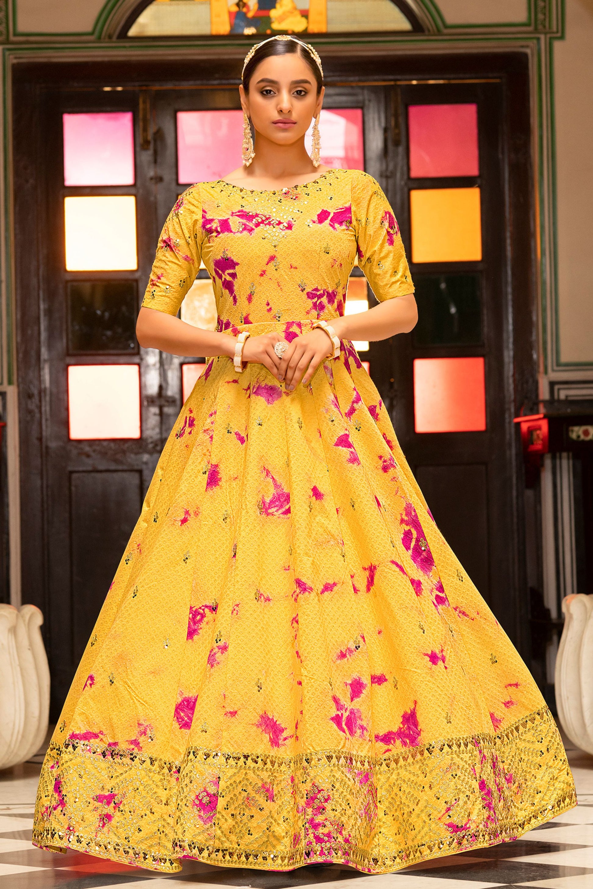 Yellow Pakistani Cotton Printed Gown For Indian Festivals & Weddings - Print Work, Sequence Embroidery Work,