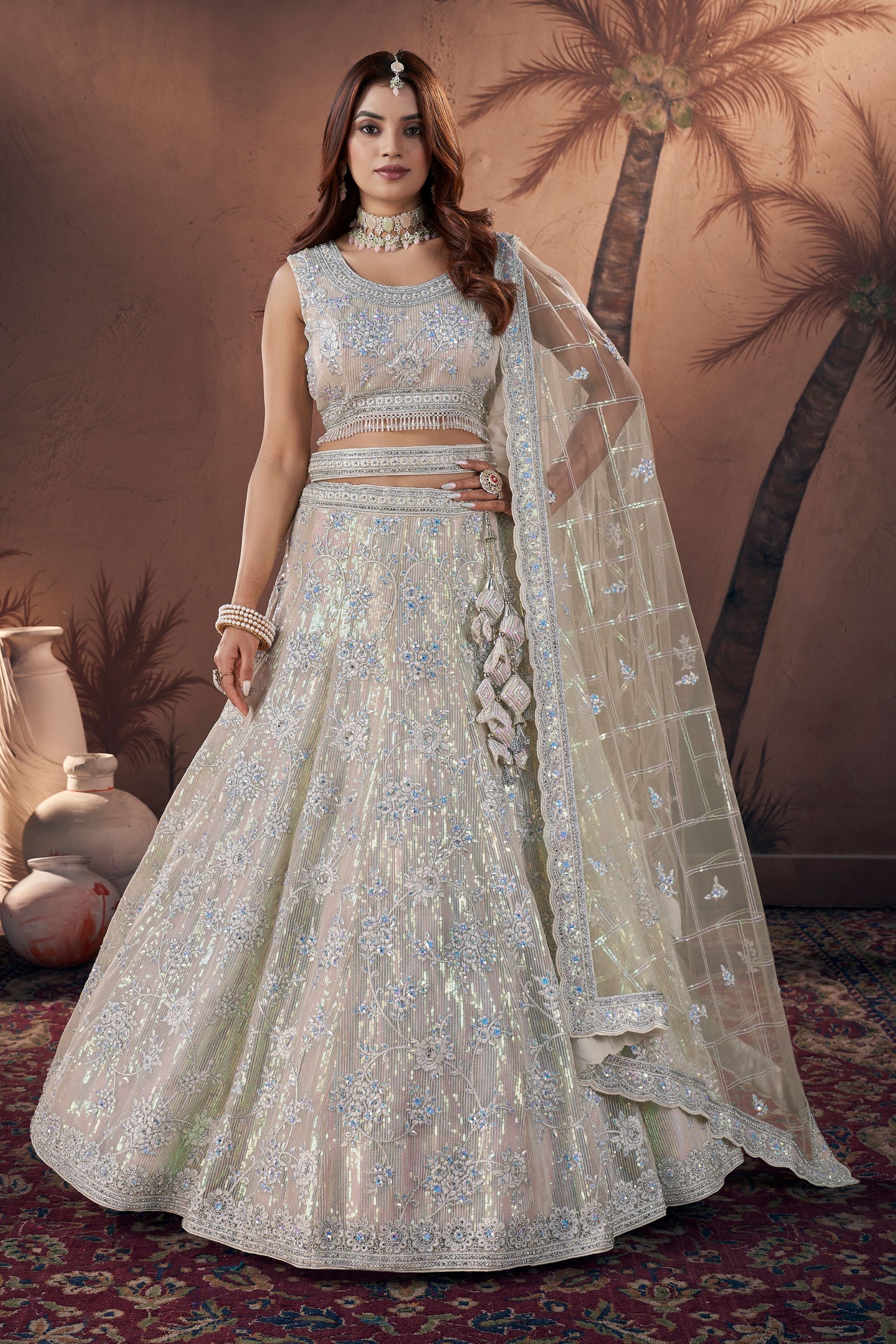 Off White Net Lehenga Choli For Indian Festivals & Wedding - Zarkan Work, Sequence Embroidery Work, Khatli Work, Cut Work