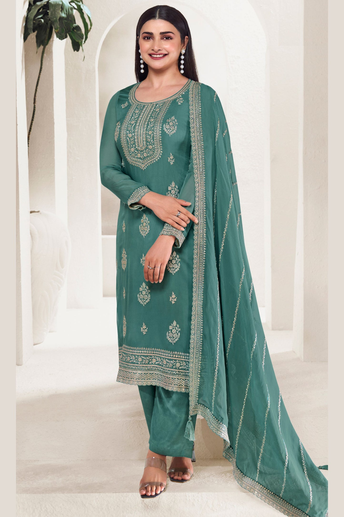 Teal Organza Kameez with Pant For Indian Suit Festivals & Weddings - Thread Embroidery Work