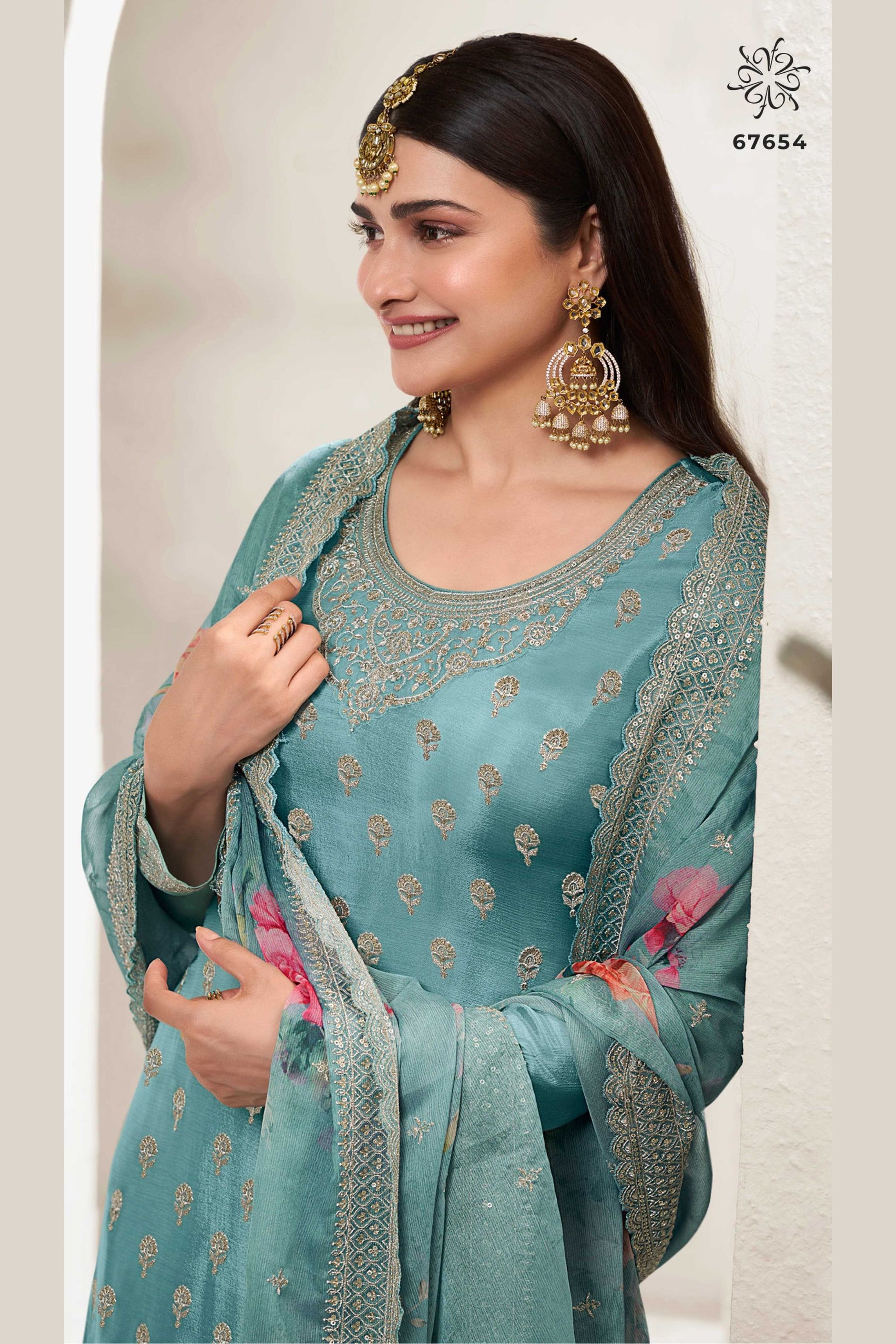 Light Green Chinon Silk Palazzo Suit For Indian Festivals & Pakistani Plazo Weddings Dress - Embroidery Work, Print Work