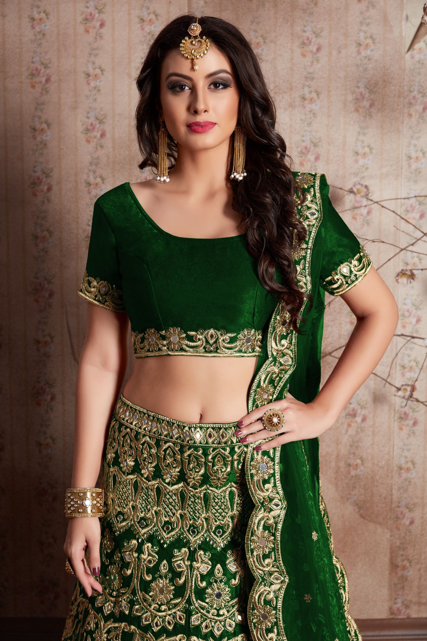 Green Velvet Silk Lehenga Choli For Indian Festival & Weddings - Sequence Embroidery Work, Mirror Work, Zari Work