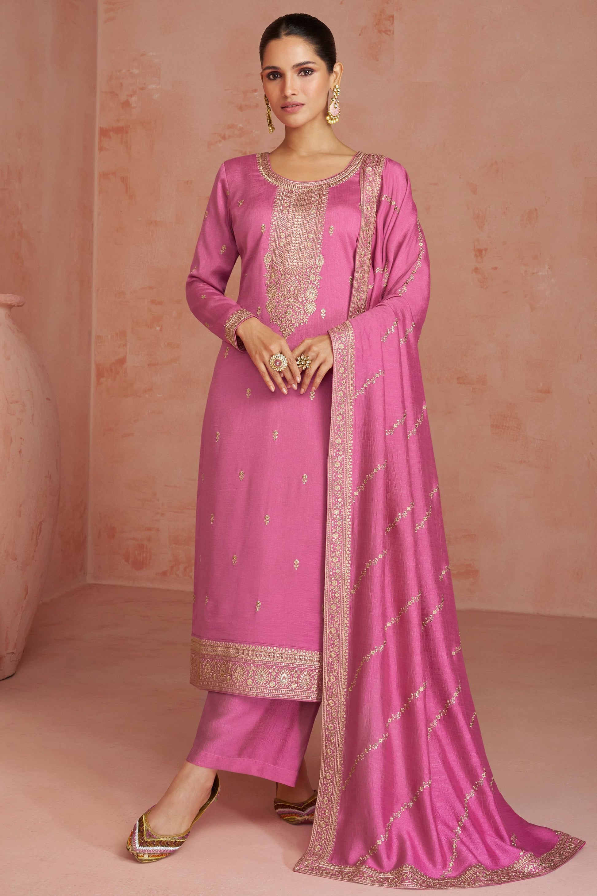 Pink Premium Silk Kameez With Plazzo For Indian Suit Festivals & Pakistani Weddings - Embroidery Work