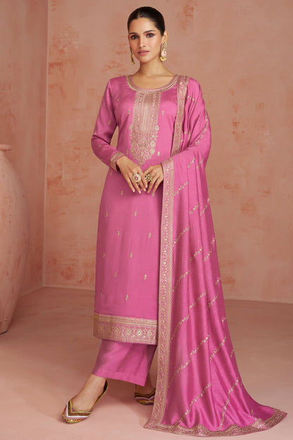 Pink Premium Silk Kameez With Plazzo For Indian Suit Festivals & Pakistani Weddings - Embroidery Work