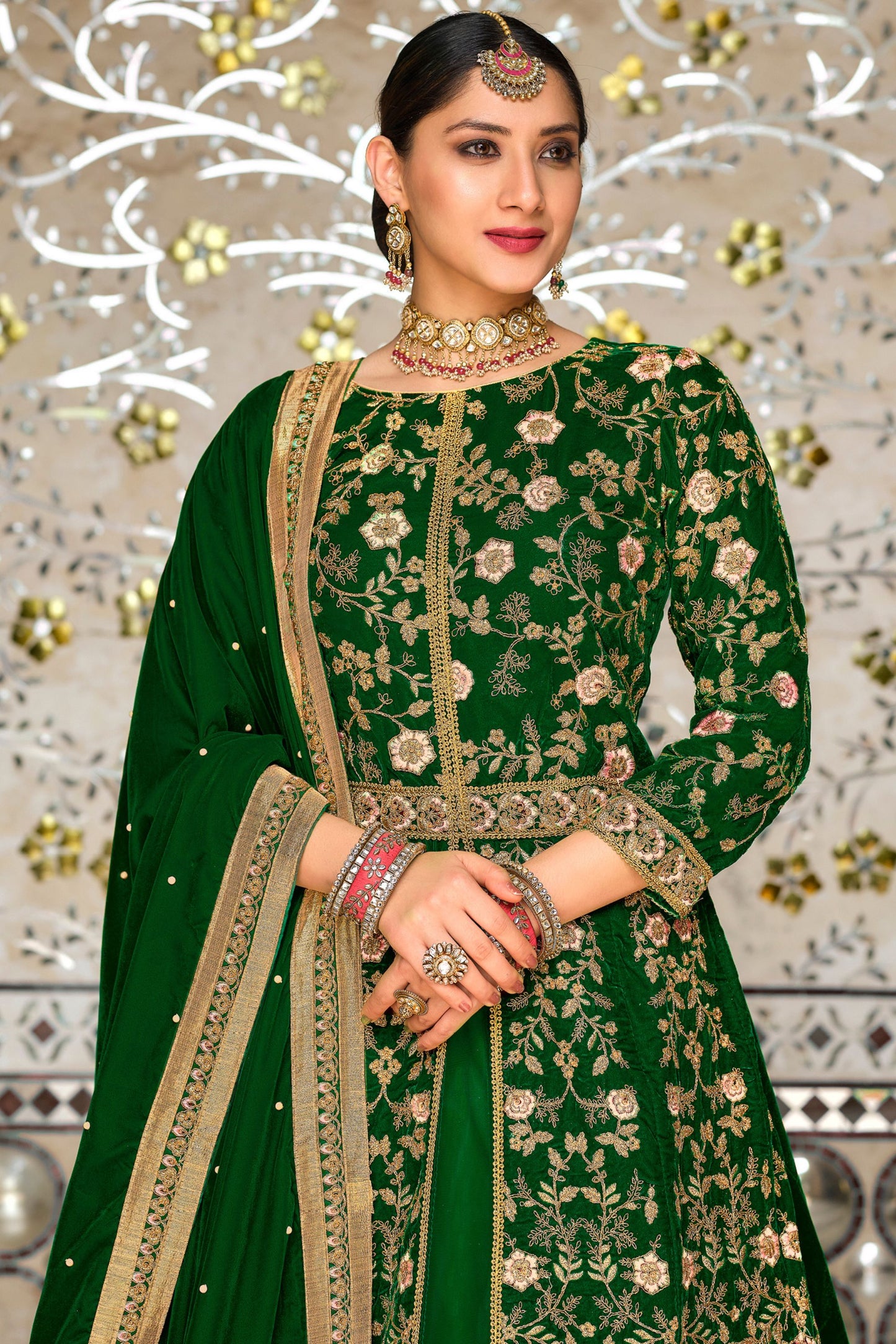 Green Pakistani Velvet Anarkali Gown For Indian Festivals & Weddings - Thread Embroidery Work,