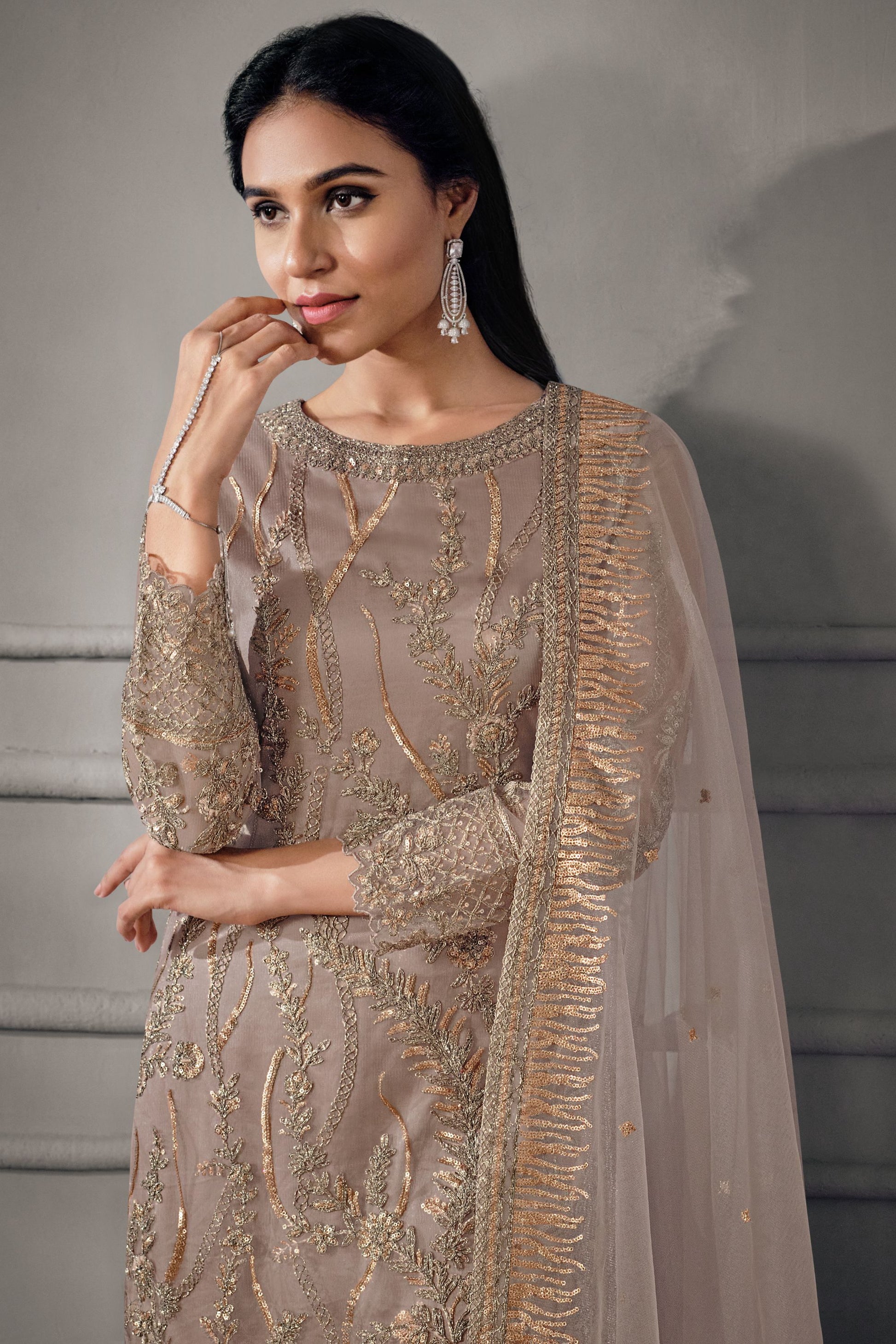 Light Brown Net Kameez with Pant For Indian Suit Festivals & Pakistani Weddings - Embroidery Work