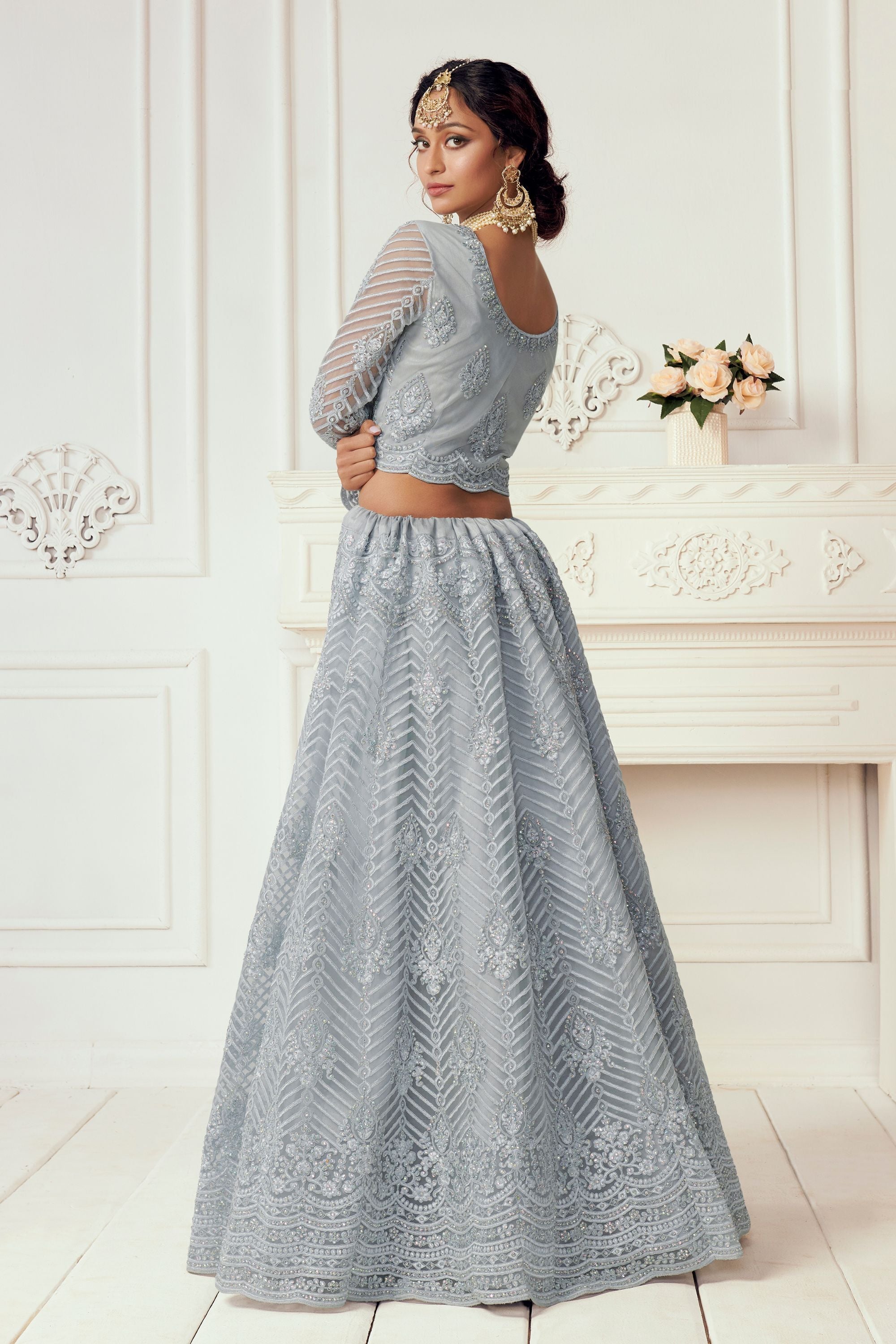 Gray Net Lehenga Choli For Indian Festivals & Weddings - Thread Embroidery Work, Codding Embroidery Work, Stone Work