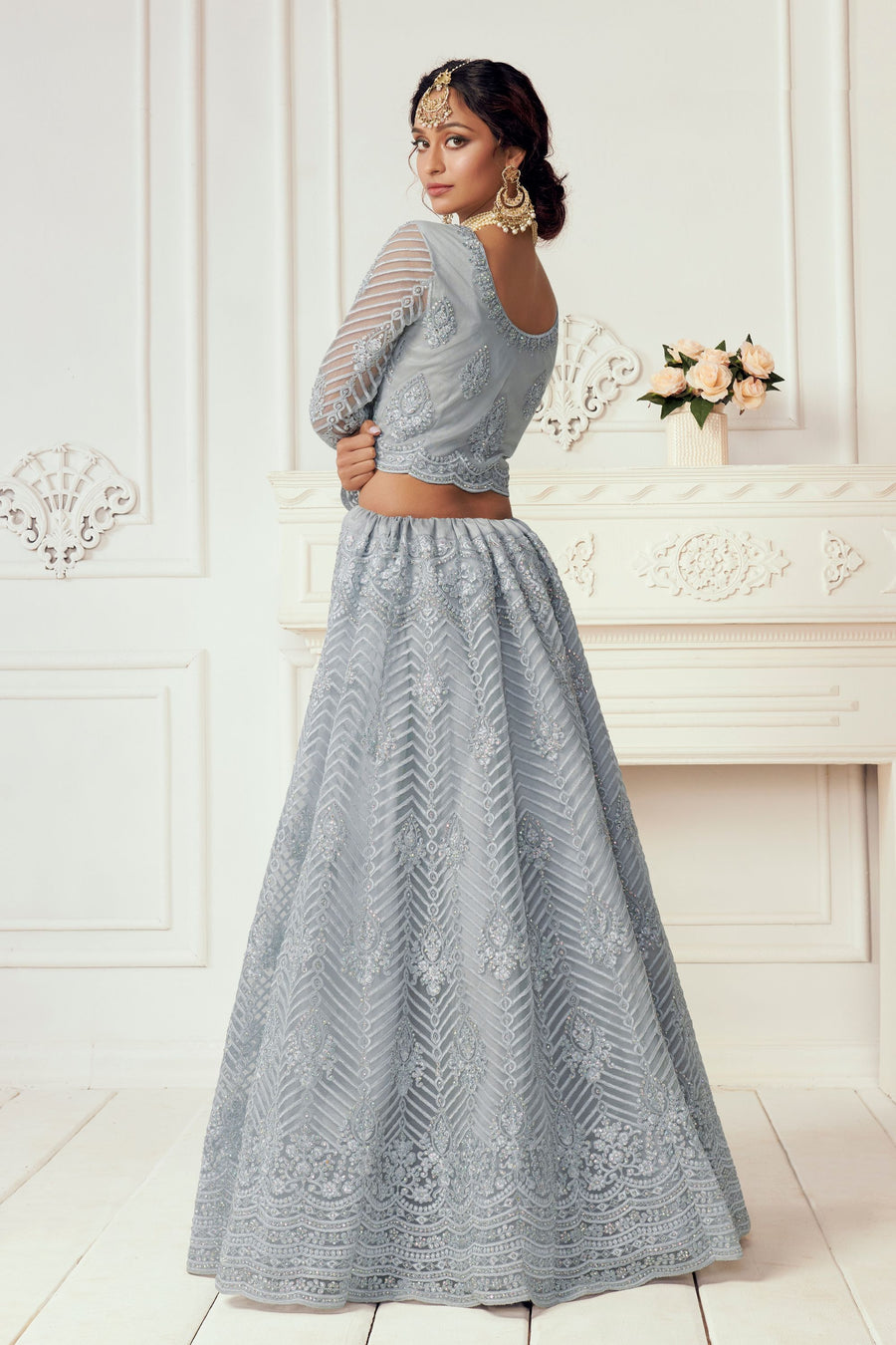 Gray Net Lehenga Choli For Indian Festivals & Weddings - Thread Embroidery Work, Codding Embroidery Work, Stone Work