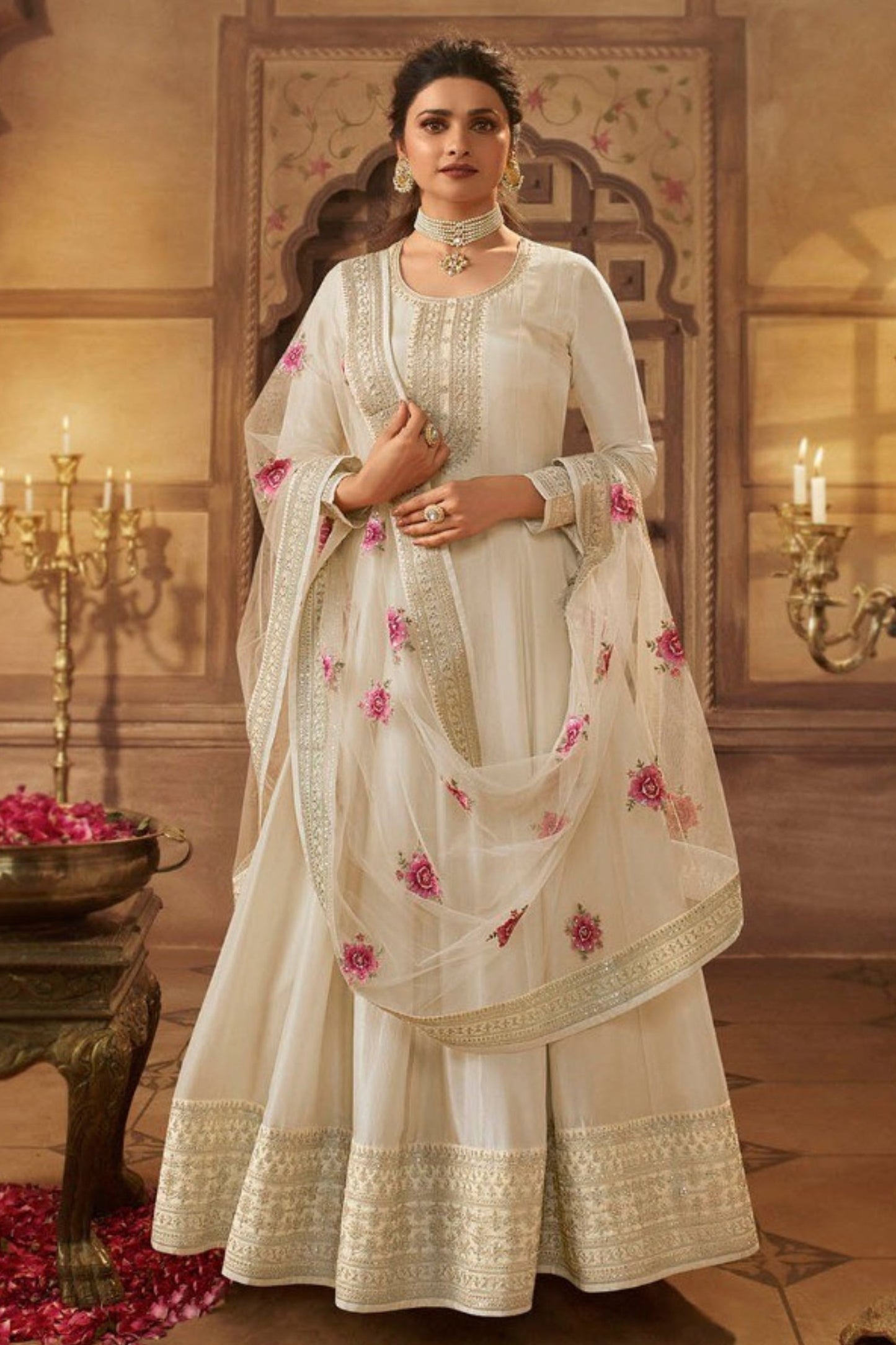 Cream Dola Silk Full Floor Length Anarkali Suit For Indian Festivals & Pakistani Wedding - Embroidery Work