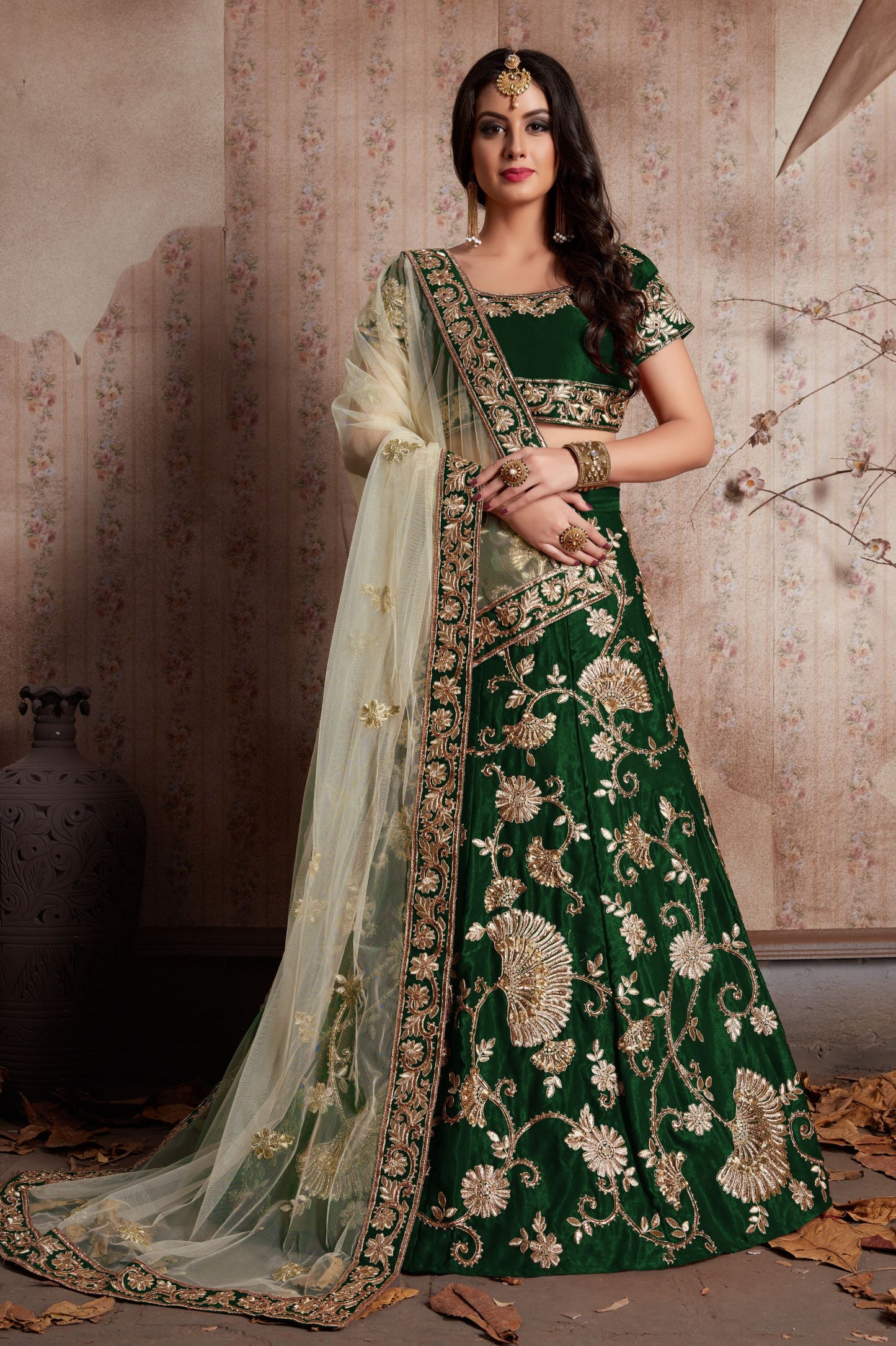 Green Velvet Silk Lehenga Choli For Indian Festival & Weddings - Sequence Embroidery Work, Lace Work, Zari Work