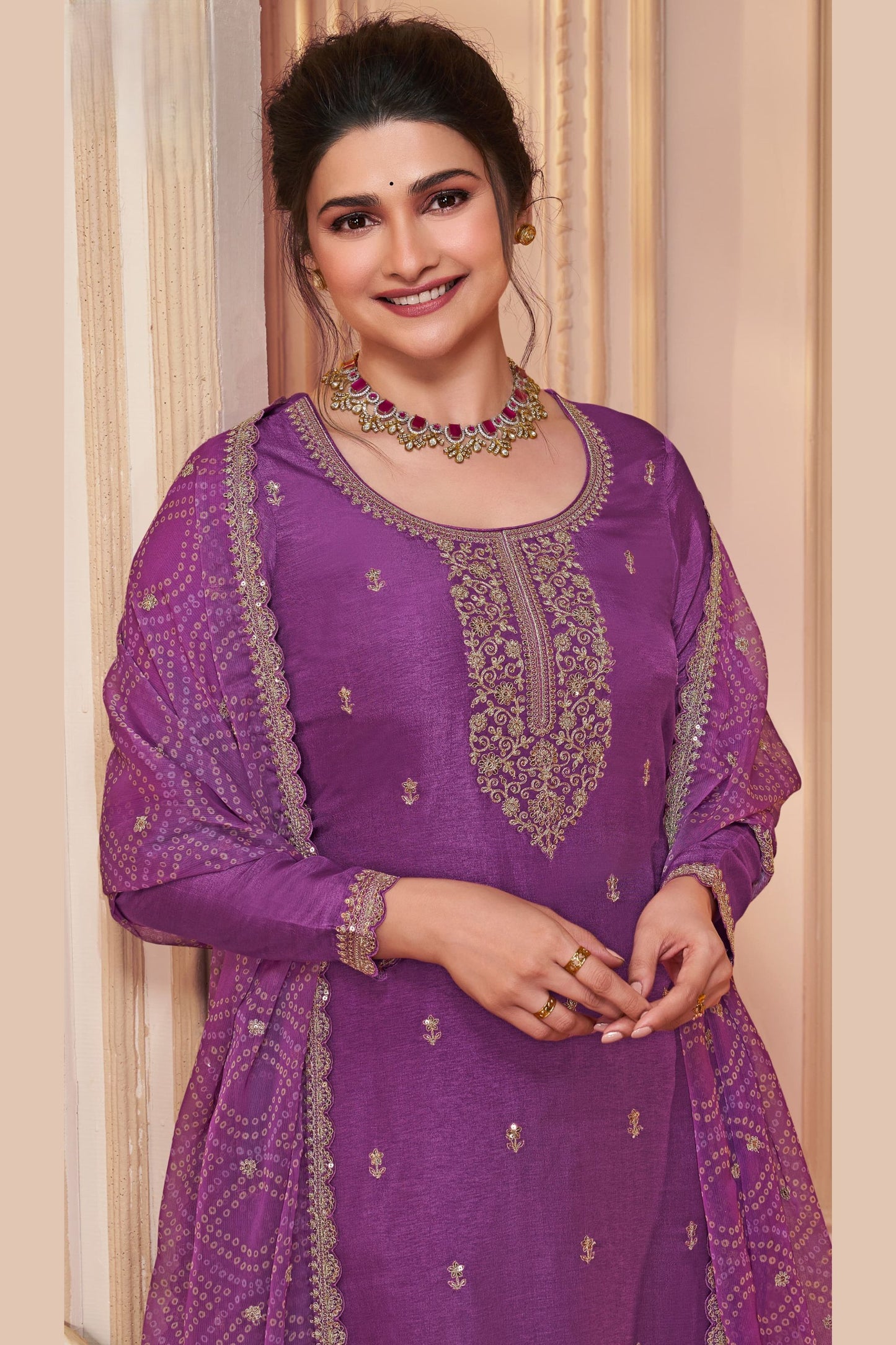 Purple Georgette Silk Kameez with Pant For Indian Suit Festivals & Pakistani Weddings - Embroidery Work