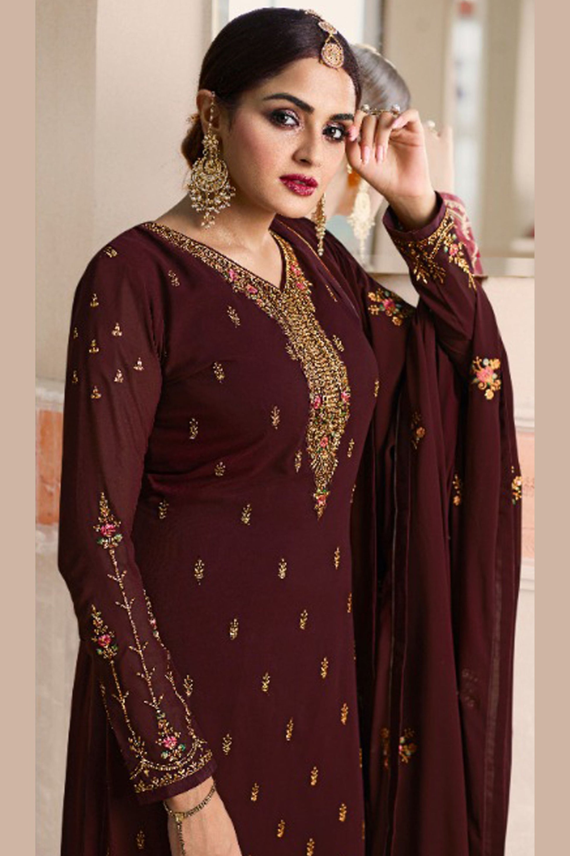 Maroon Georgette Plus Size Upto 7XL Size Kameez with Pant For Indian Suit Festivals & Pakistani Weddings - Embroidery Work