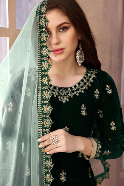 Dark Green Velvet Kameez With Patiyala Suit For Indian Festivals & Weddings - Embroidery Work