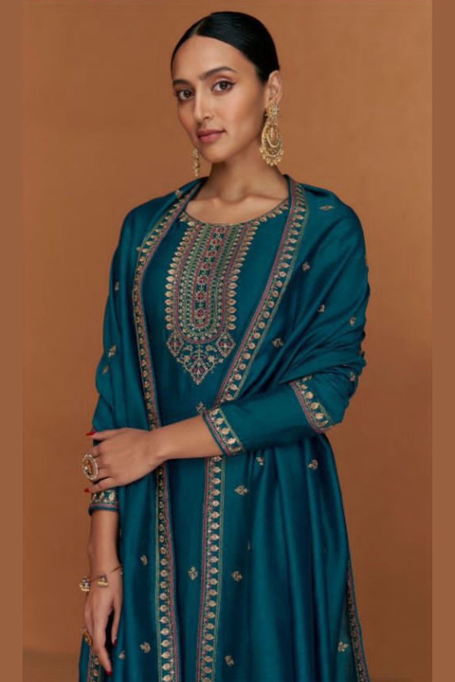 Teal Silk Kameez with Pant For Indian Suit Festivals & Pakistani Weddings - Embroidery Work