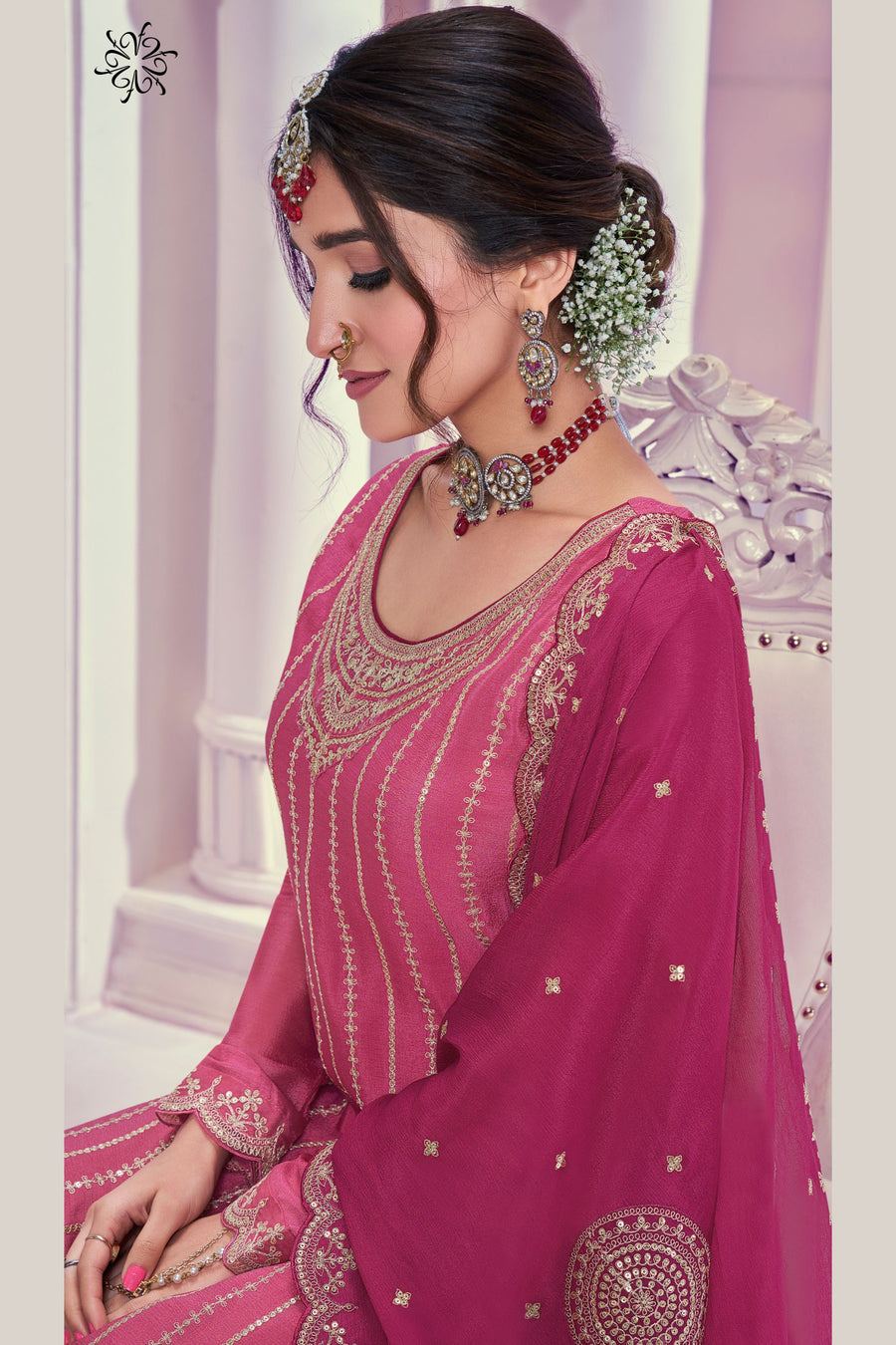 Pink Chinon Silk Plazo Suit For Indian & Pakistani Wedding Festival - Thread & Sequence Embroidery Work