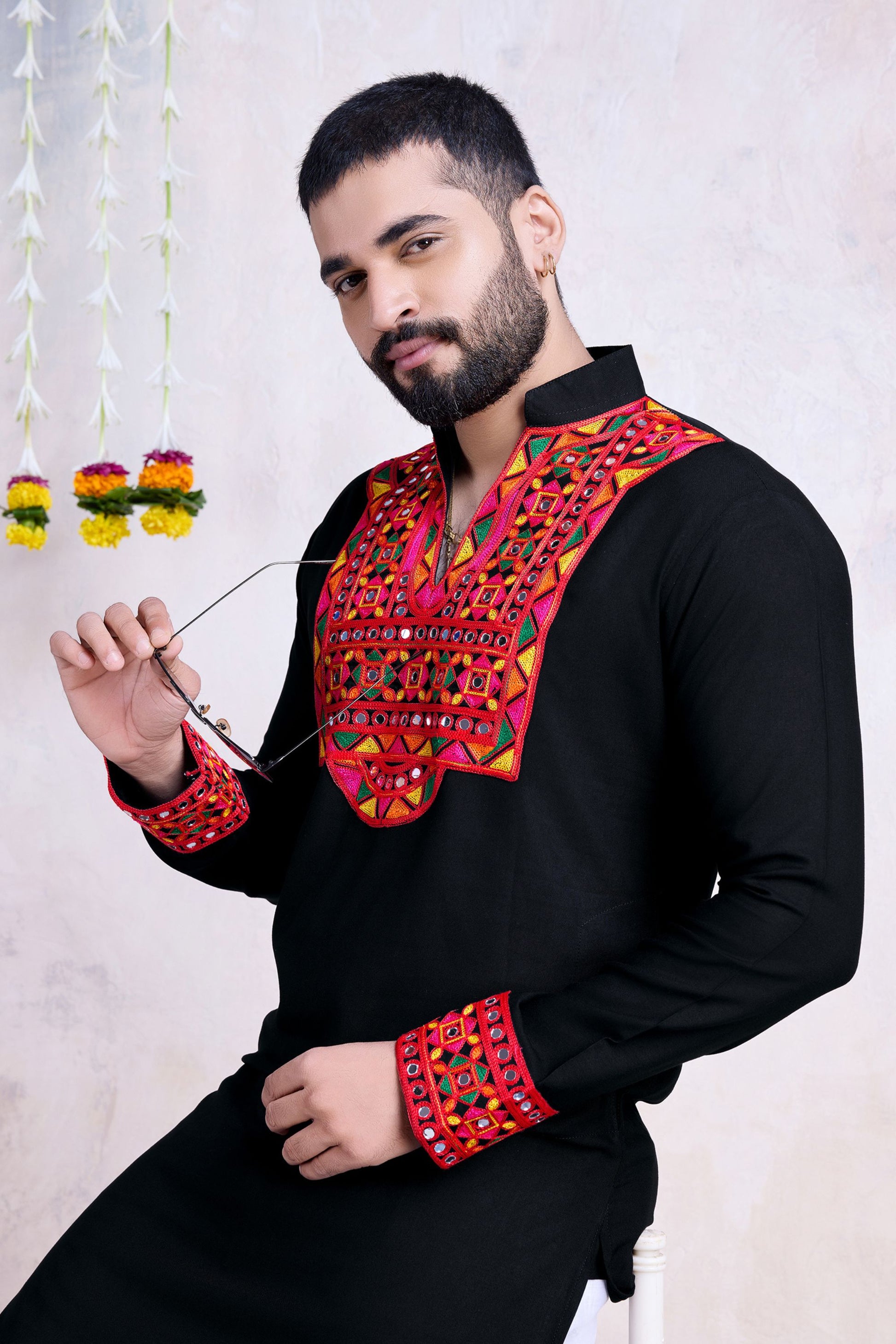 Black Rayon Kurta Pyjama for Men For Navratri Garba Festivals - Embroidery Work, Real Mirror Work