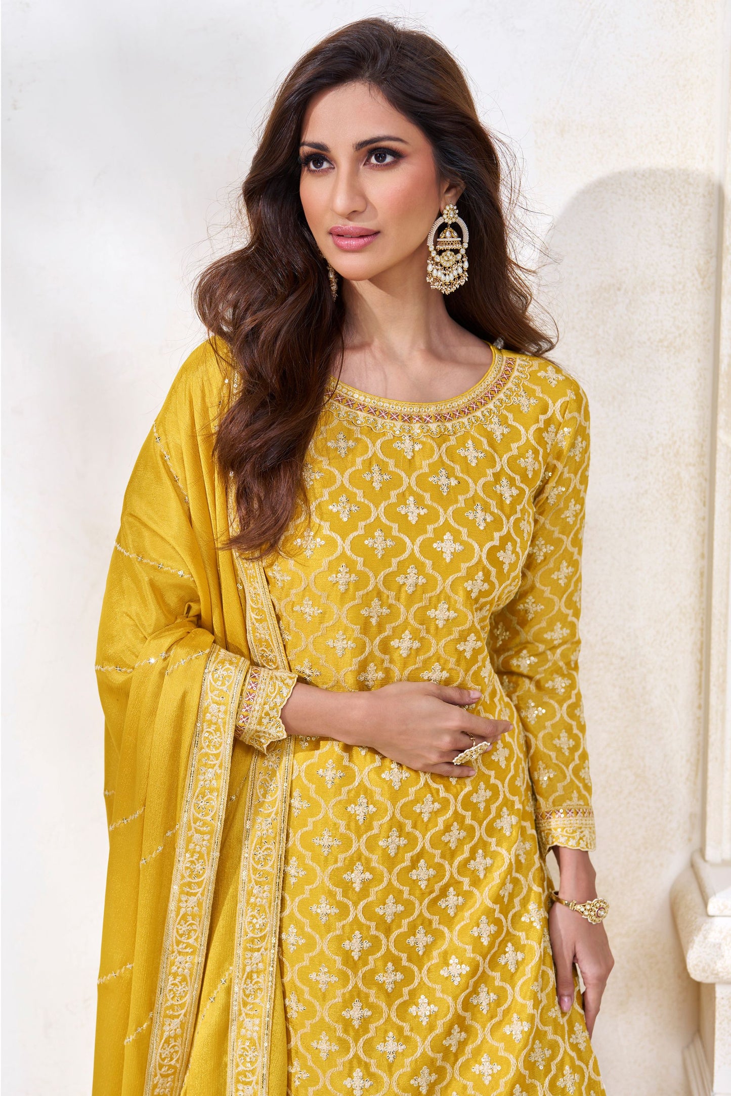 Yellow Pakistani Chinon Silk Salwar Kameez with Skirt For Indian Festivals & Weddings - Embroidery Work