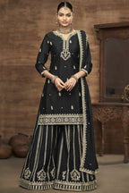 Black Chinon Silk Palazzo Suit For Indian Wedding & Pakistani Festival - Embroidery Work