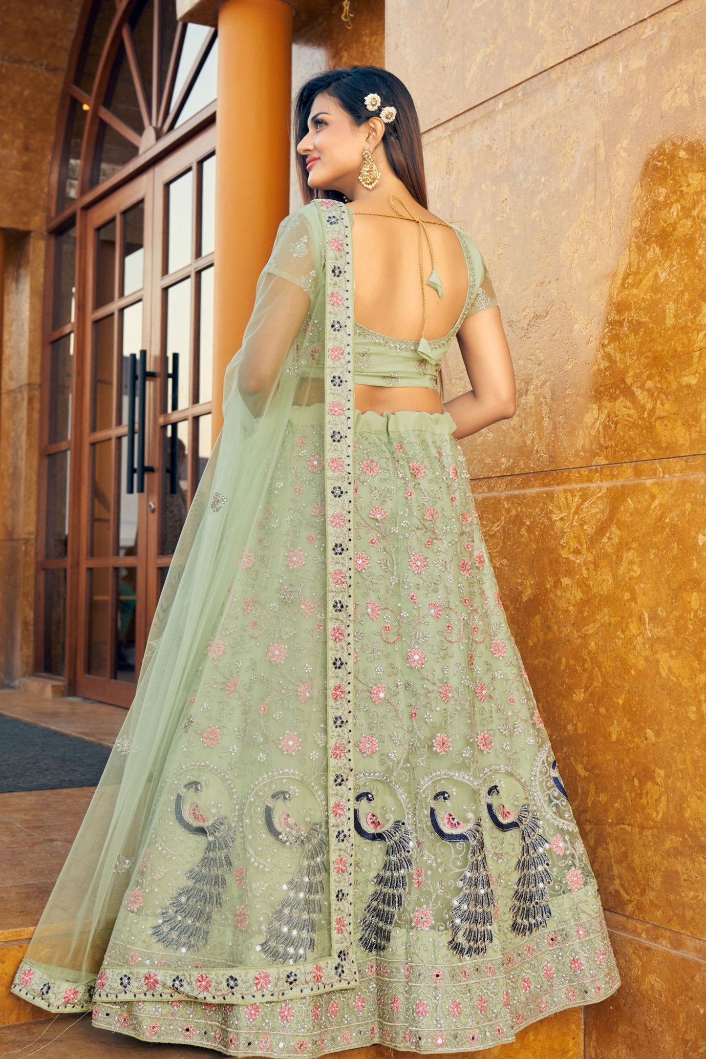 Green Pakistani Net Lehenga Choli For Indian Festivals & Weddings - Thread Embroidery Work, Mirror Work