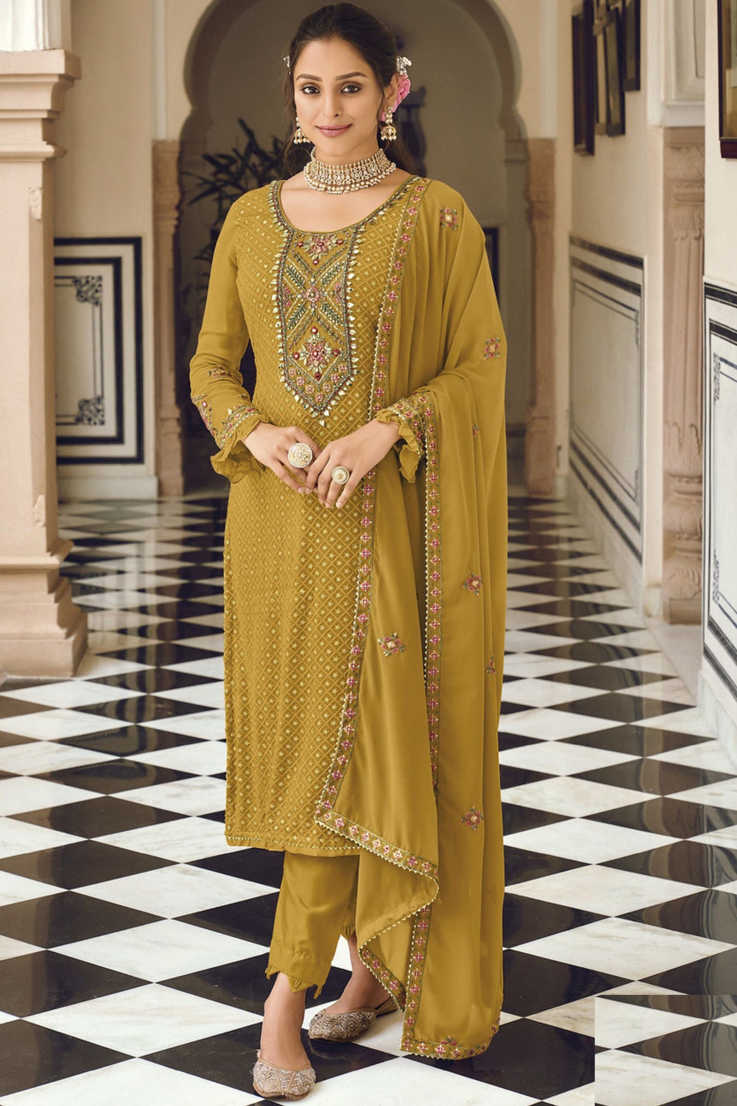 Dusty Yellow Georgette Kameez with Pant For Indian Suit Festivals & Pakistani Weddings - Embroidery Work