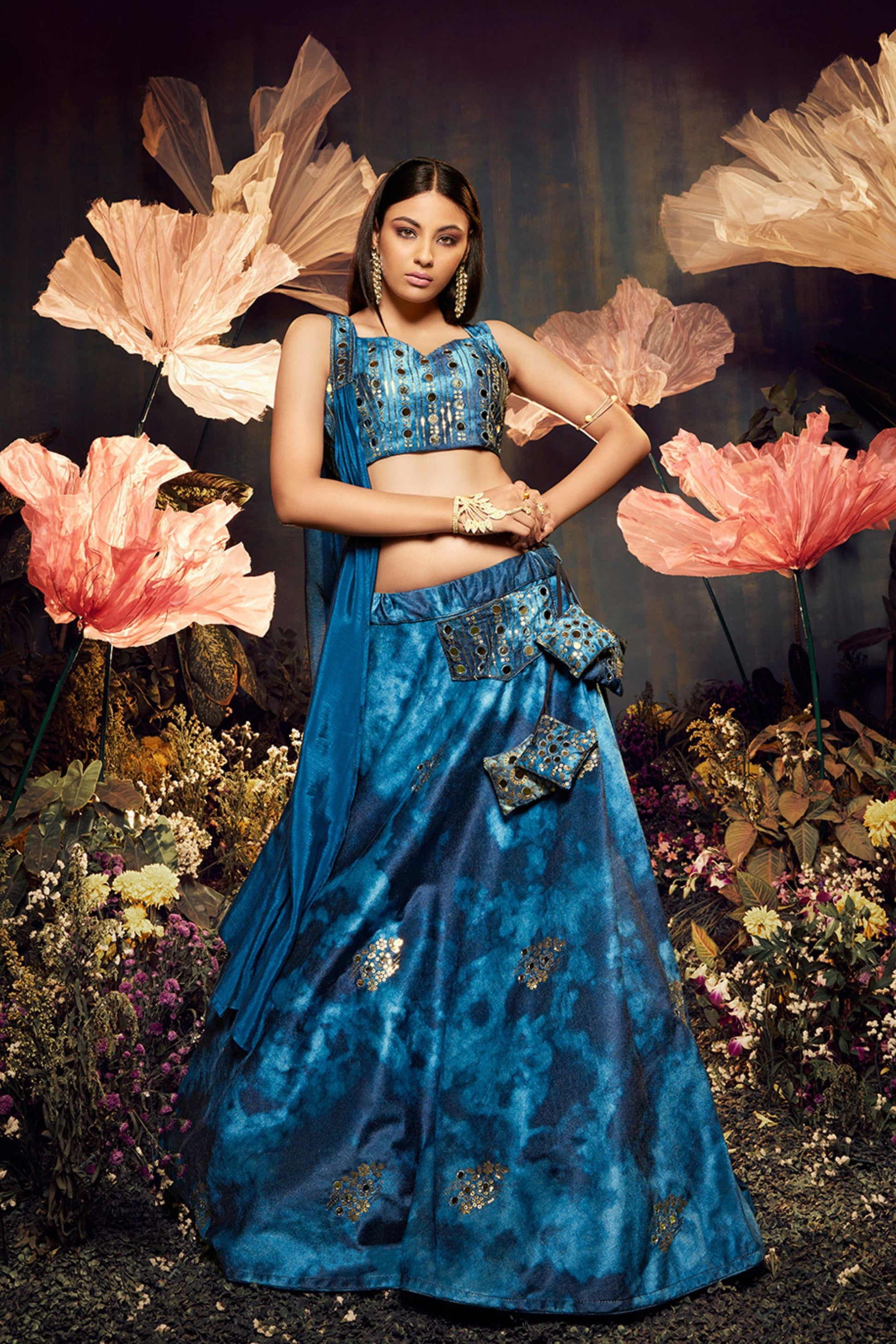 Blue Printed Velvet Lehenga Choli For Indian Festivals & Weddings - Print Work, Sequence Embroidery Work, Mirror Work