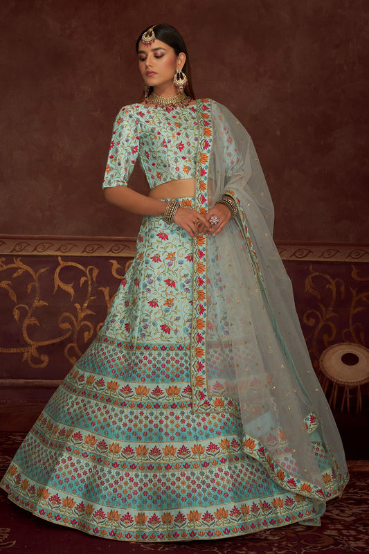 Sky Blue Art Silk Lehenga Choli For Indian Weddings & Festivals - Thread Work, Print Work, Diamond Work