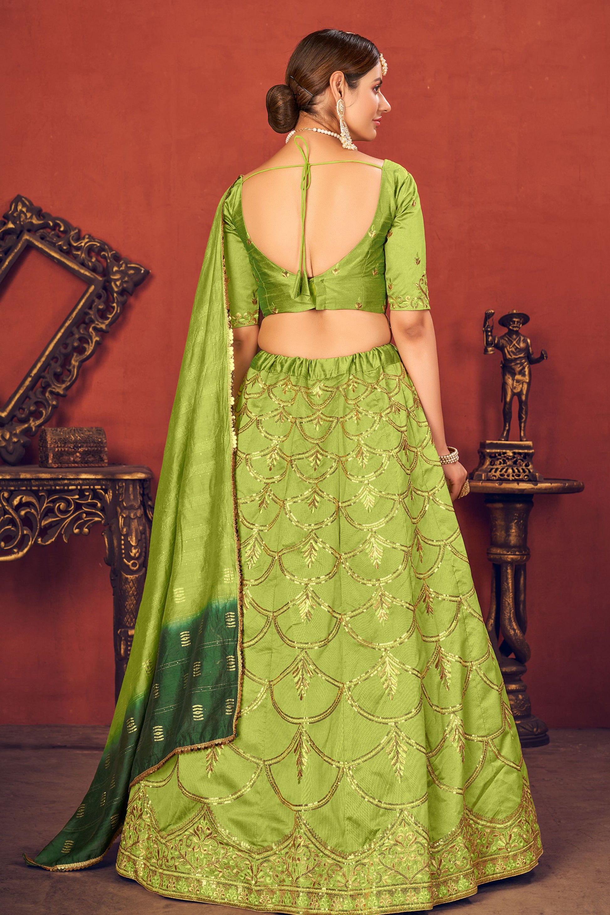 Parrot Green Pakistani Art Silk Lehenga Choli For Indian Festivals & Weddings - Sequence Embroidery Work, Thread Embroidery Work,