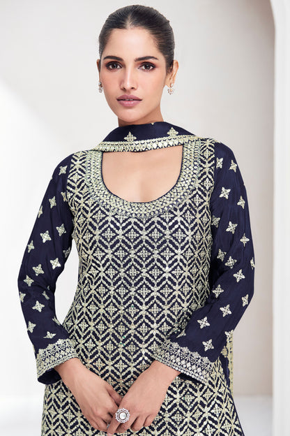 Navy Blue Chinon Silk Plazo Suit For Wedding & Festival - Embroidery Work