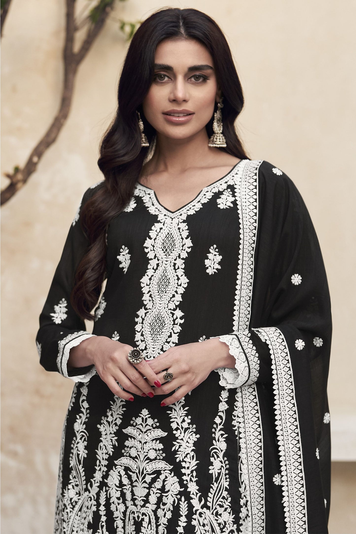 Black Chinon Silk Pakistani Salwar Kameez For Indian Festivals & Weddings - Thread Embroidery Work