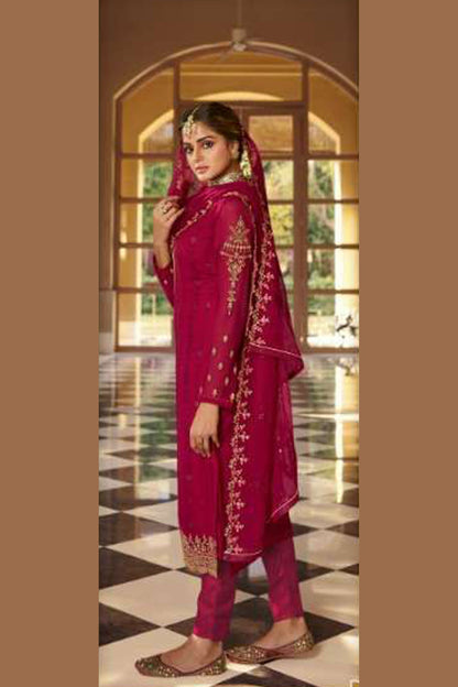 Maroon Georgette Plus Size Upto 6XL Size Kameez with Pant For Indian Suit Festivals & Pakistani Weddings - Embroidery Work