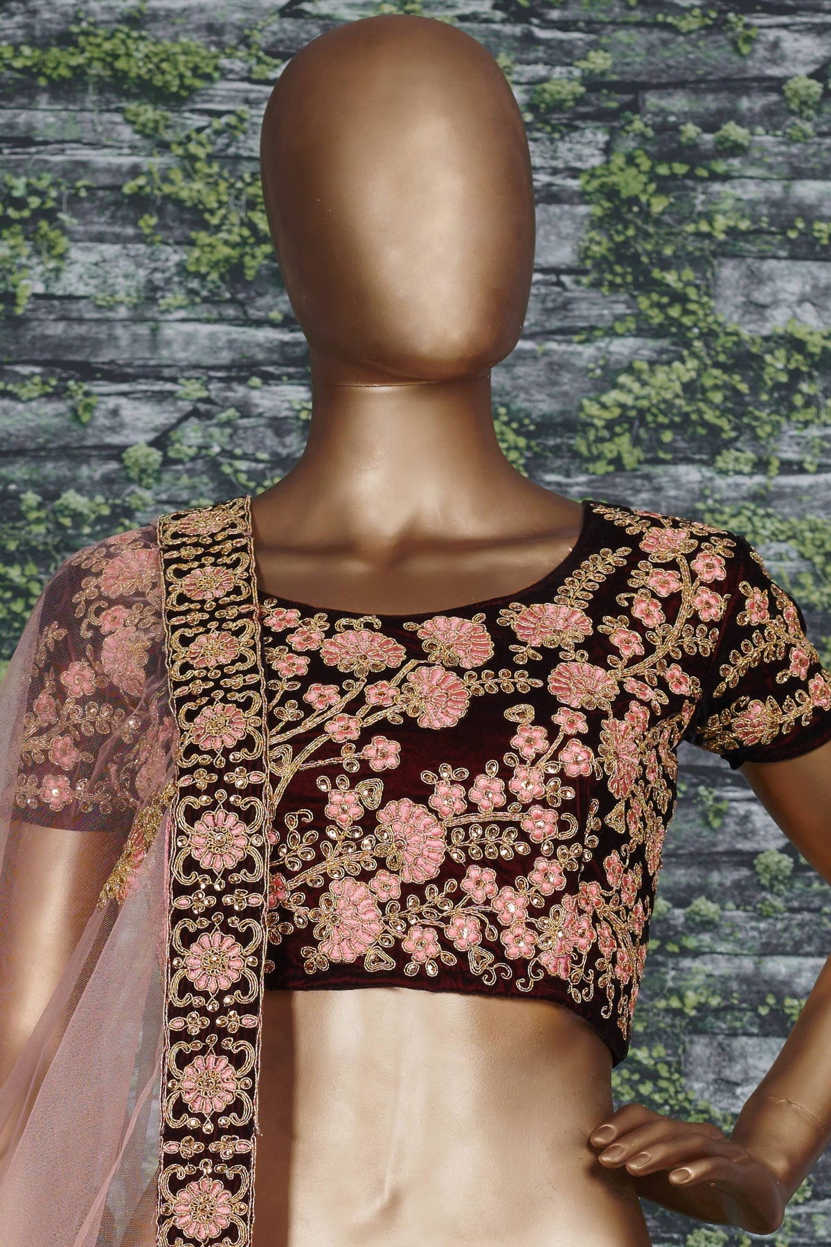 Maroon Velvet Lehenga Choli For Indian & Pakistani Wedding Festival - Sequins & Thread Embroidery Work, Dori Work