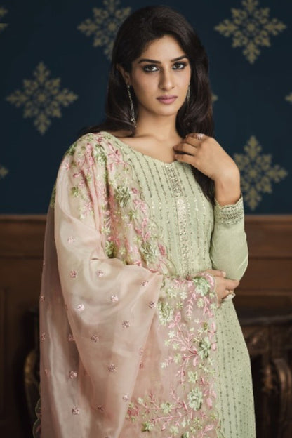 Light Pastel Chinnon Silk Kameez with Pant For Indian Suit Festivals & Pakistani Weddings - Embroidery Work