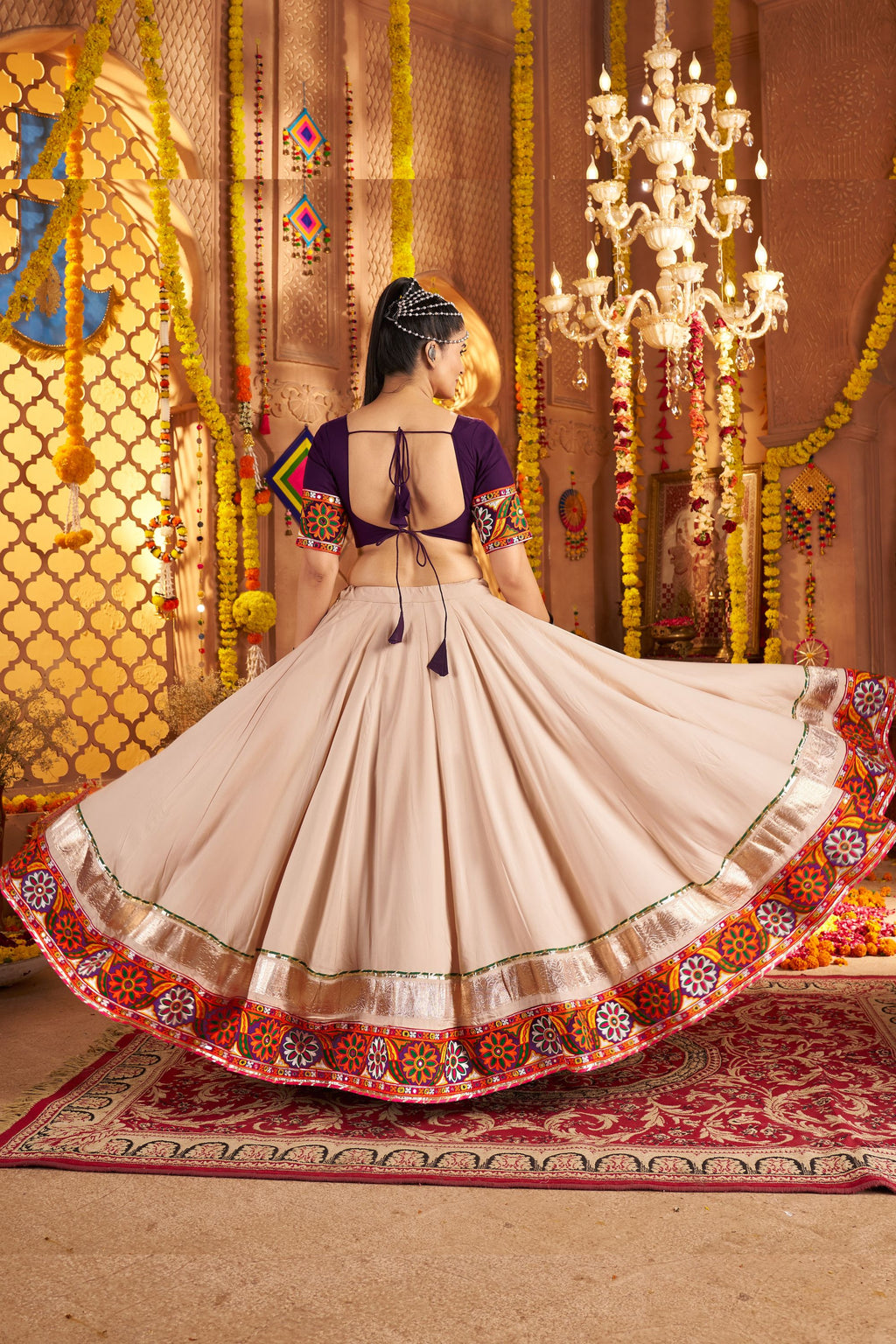 Beige Viscose Rayon Chaniya Choli For Navratri Garba Indian Festivals 9 Meter Flair - Embroidery Work, Real Mirror Work, Print Work